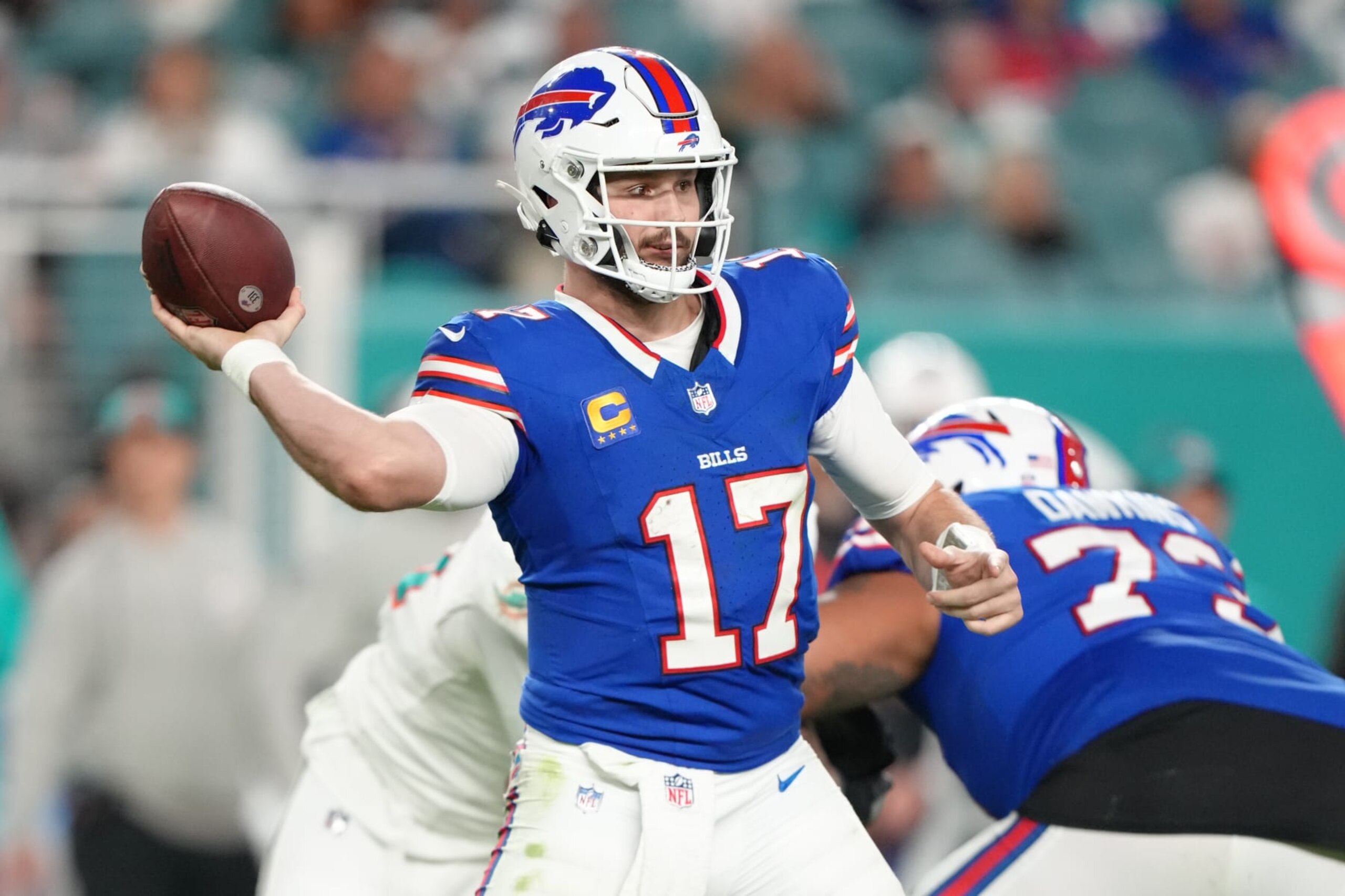 MIAMI GARDENS, FL - JANUARY 07: Buffalo Bills quarterback Josh Allen (17) makes a pass attempt during the game between the Buffalo Bills and the Miami Dolphins on Sunday, January 7, 2024 at Hard Rock Stadium, Miami Gardens, Fla. (Photo by Peter Joneleit/Icon Sportswire via Getty Images)