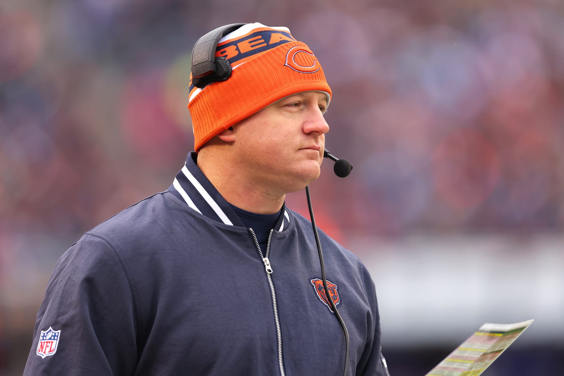 CHICAGO, ILLINOIS - DECEMBER 10: Offensive coordinator Luke Getsy of the Chicago Bears looks on during the first quarter in the game against the Detroit Lions at Soldier Field on December 10, 2023 in Chicago, Illinois. (Photo by Michael Reaves/Getty Images)