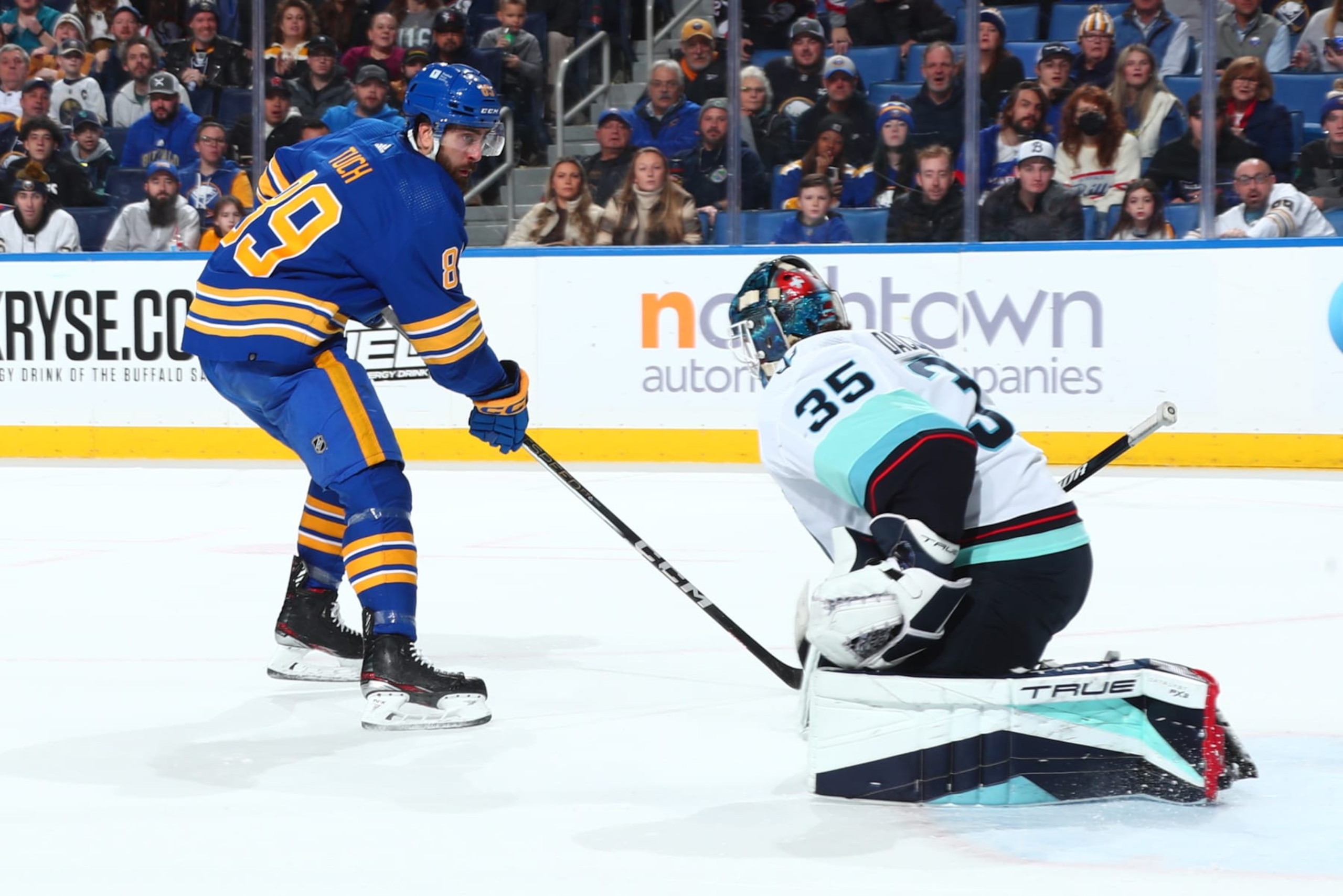 BUFFALO, NEW YORK - JANUARY 9: Joey Daccord #35 of the Seattle Kraken makes a save against Alex Tuch #89 of the Buffalo Sabres during an NHL game on January 9, 2024 at KeyBank Center in Buffalo, New York. (Photo by Bill Wippert/NHLI via Getty Images) BUFFALO, NEW YORK - JANUARY 9: Joey Daccord #35 of the Seattle Kraken makes a save against Alex Tuch #89 of the Buffalo Sabres during an NHL game on January 9, 2024 at KeyBank Center in Buffalo, New York. (Photo by Bill Wippert/NHLI via Getty Images)