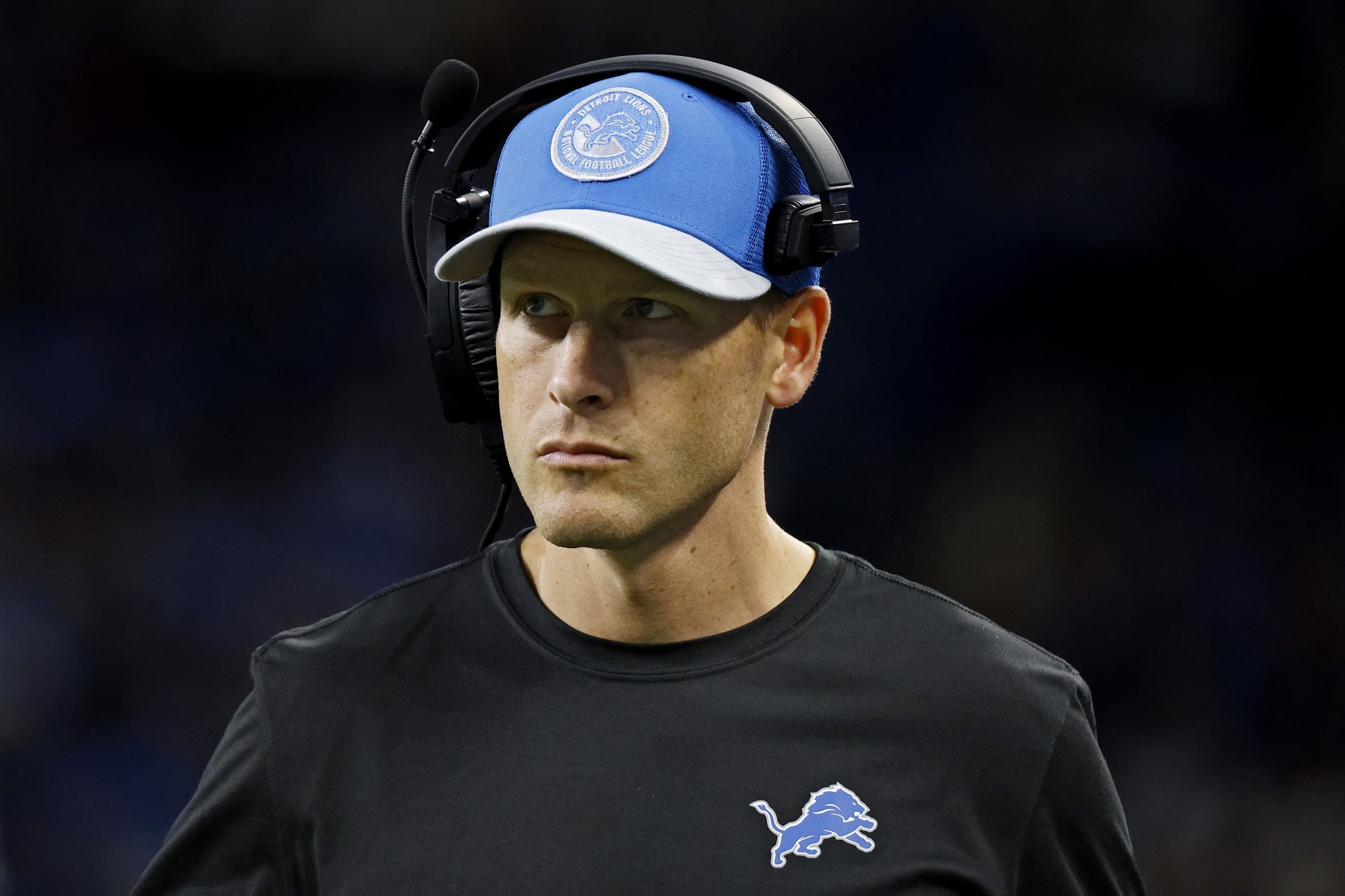 DETROIT, MICHIGAN - SEPTEMBER 24: Ben Johnson offensive coordinator with the Detroit Lions looks on during a game against the Atlanta Falcons at Ford Field on September 24, 2023 in Detroit, Michigan. (Photo by Mike Mulholland/Getty Images)