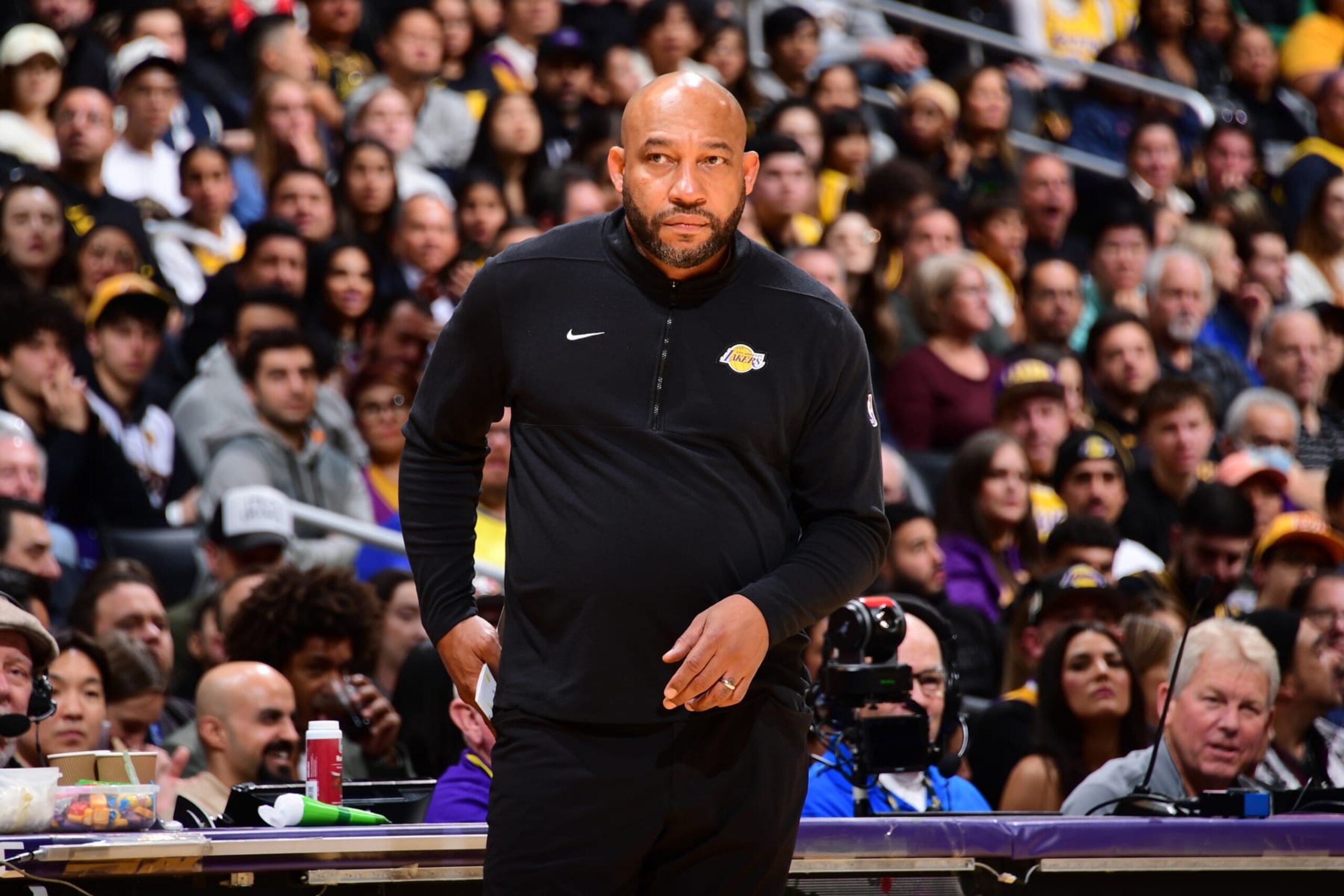 LOS ANGELES, CA - JANUARY 9: Head Coach Darvin Ham of the Los Angeles Lakers looks on during the game against the Toronto Raptors on January 9, 2024 at Crypto.Com Arena in Los Angeles, California. NOTE TO USER: User expressly acknowledges and agrees that, by downloading and/or using this Photograph, user is consenting to the terms and conditions of the Getty Images License Agreement. Mandatory Copyright Notice: Copyright 2024 NBAE (Photo by Adam Pantozzi/NBAE via Getty Images)