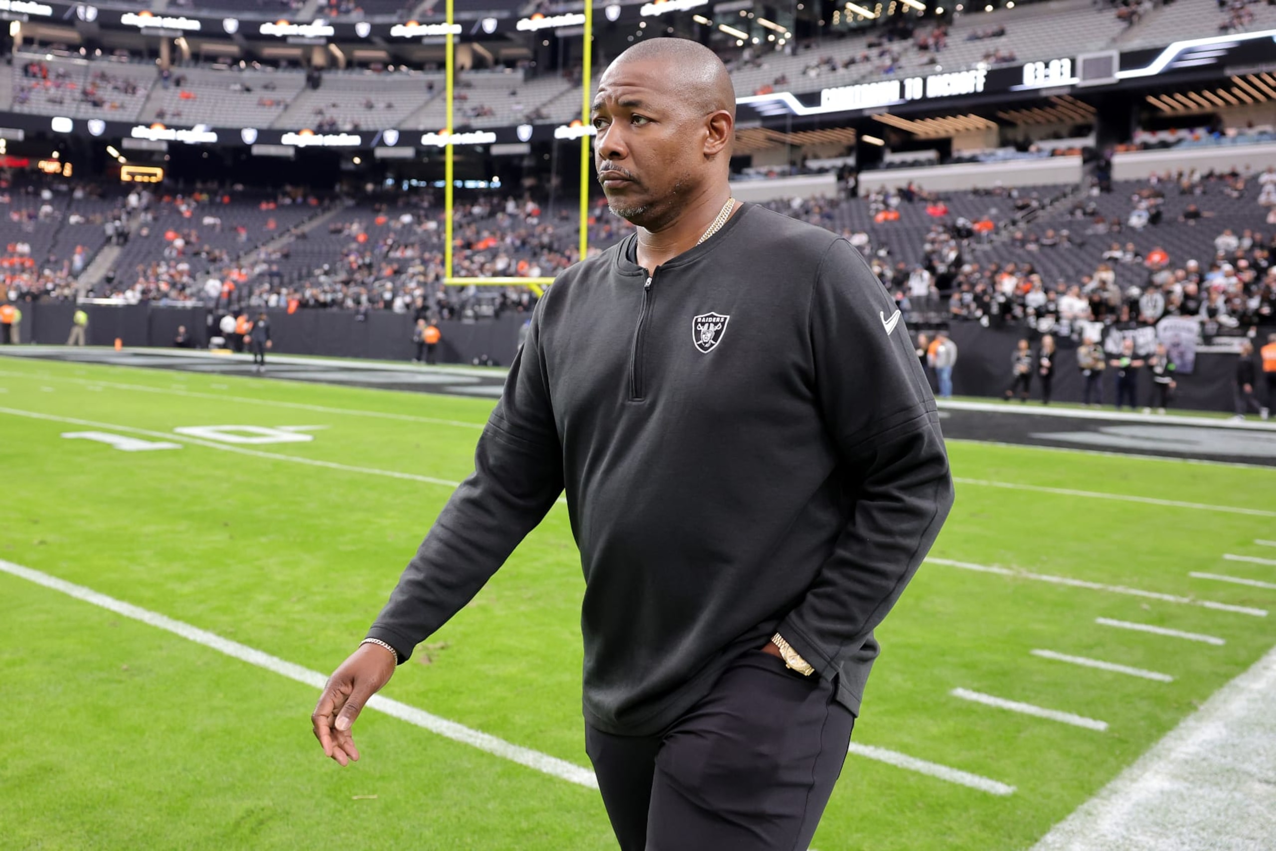 LAS VEGAS, NEVADA - JANUARY 07: Defensive coordinator Patrick Graham of the Las Vegas Raiders walks on the field before warmups before a game against the Denver Broncos at Allegiant Stadium on January 07, 2024 in Las Vegas, Nevada. (Photo by Ethan Miller/Getty Images)