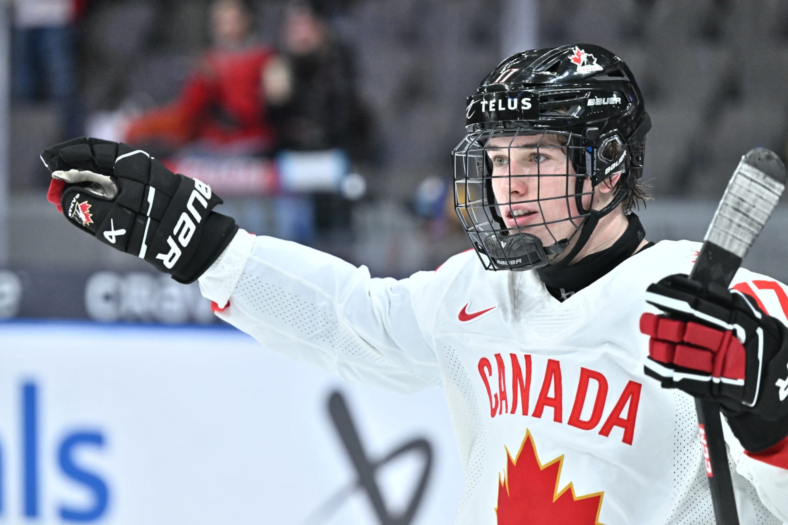 Macklin Celebrini celebrates a goal for Canada at the 2024 IIHF World Junior Championship. Macklin Celebrini celebrates a goal for Canada at the 2024 IIHF World Junior Championship.