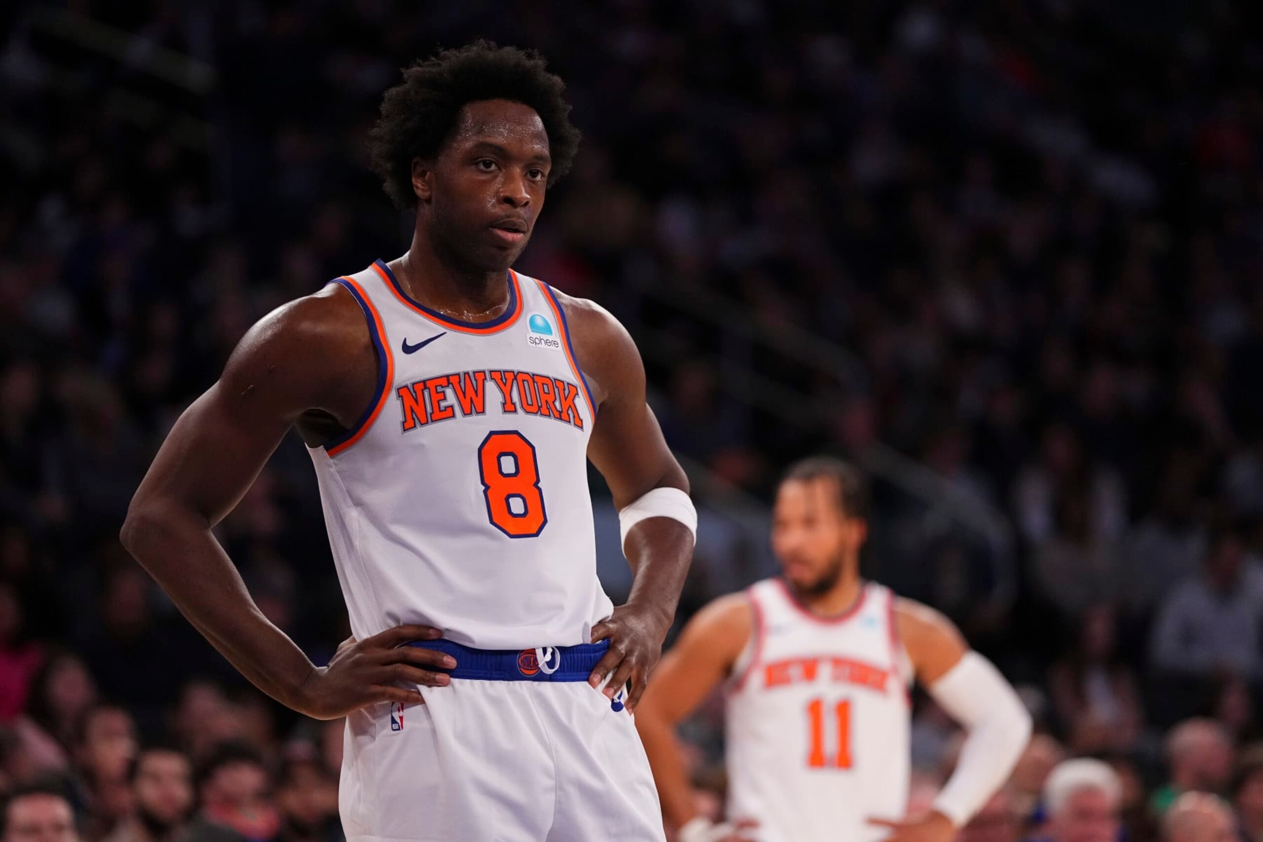 NEW YORK, NEW YORK - JANUARY 1: OG Anunoby #8 and Jalen Brunson #11 of the New York Knicks look on against the Minnesota Timberwolves at Madison Square Garden on January 1, 2024 in New York City. The Knicks defeated the Timberwolves 112-106. NOTE TO USER: User expressly acknowledges and agrees that, by downloading and or using this photograph, User is consenting to the terms and conditions of the Getty Images License Agreement. (Photo by Mitchell Leff/Getty Images) NEW YORK, NEW YORK - JANUARY 1: OG Anunoby #8 and Jalen Brunson #11 of the New York Knicks look on against the Minnesota Timberwolves at Madison Square Garden on January 1, 2024 in New York City. The Knicks defeated the Timberwolves 112-106. NOTE TO USER: User expressly acknowledges and agrees that, by downloading and or using this photograph, User is consenting to the terms and conditions of the Getty Images License Agreement. (Photo by Mitchell Leff/Getty Images)