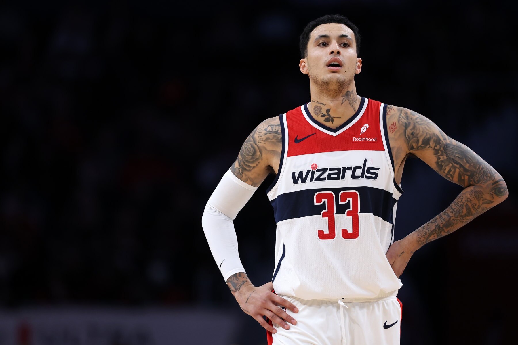 WASHINGTON, DC - JANUARY 08: Kyle Kuzma #33 of the Washington Wizards reacts against the Oklahoma City Thunder during the first half at Capital One Arena on January 08, 2024 in Washington, DC. NOTE TO USER: User expressly acknowledges and agrees that, by downloading and or using this photograph, User is consenting to the terms and conditions of the Getty Images License Agreement (Photo by Patrick Smith/Getty Images)