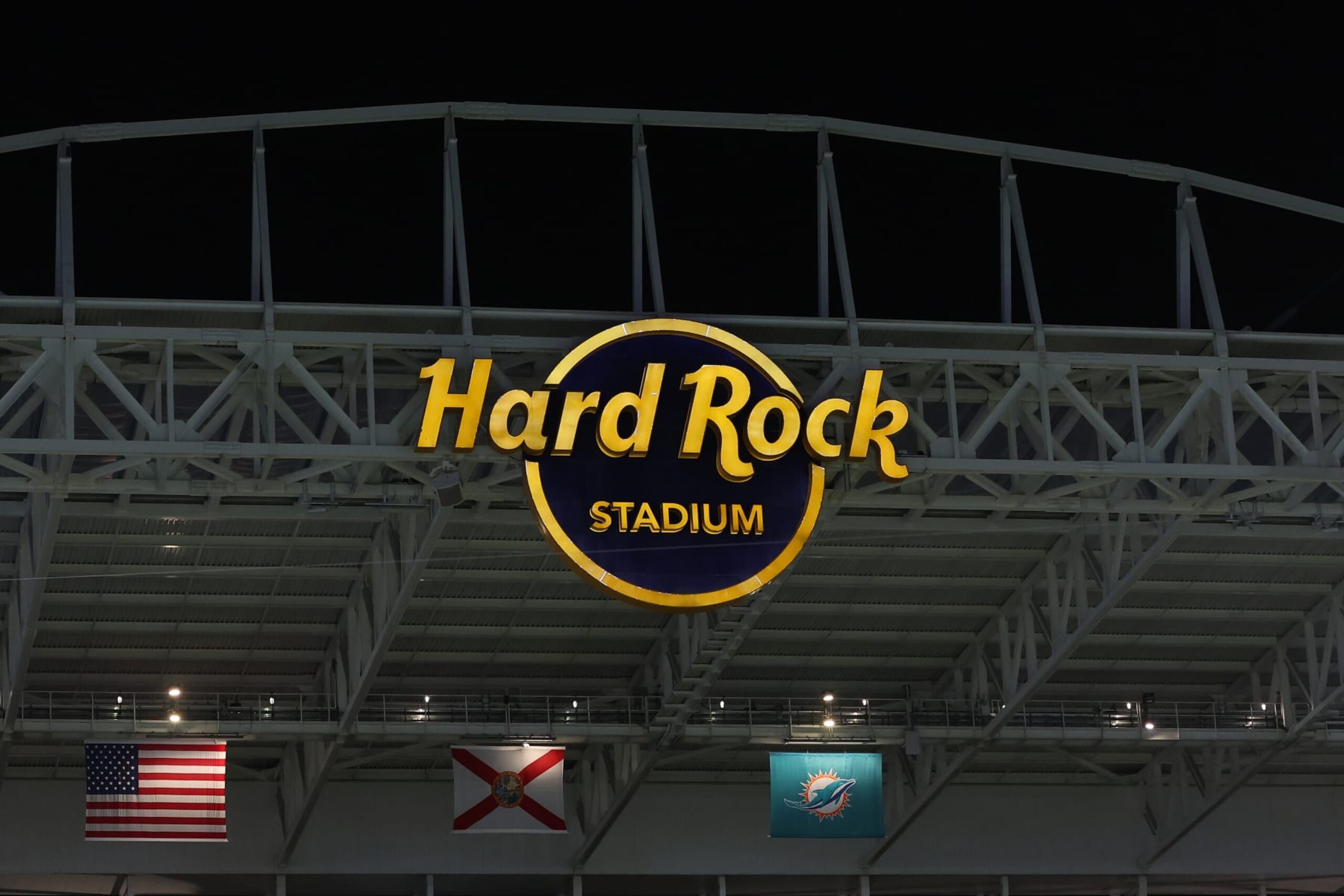 MIAMI GARDENS, FLORIDA - DECEMBER 24: A detailed view of the Hard Rock Stadium sign during a game between the Miami Dolphins and the Dallas Cowboys at Hard Rock Stadium on December 24, 2023 in Miami Gardens, Florida.  The Dolphins defeated the Cowboys 22-20. (Photo by Stacy Revere/Getty Images)