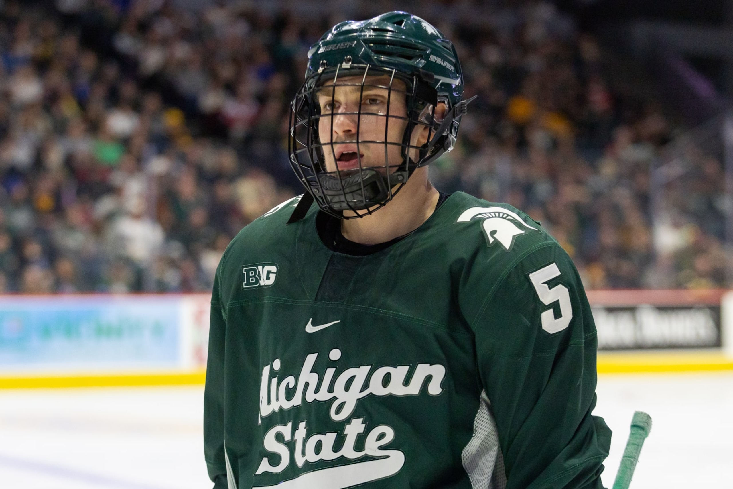 GRAND RAPIDS, MI - DECEMBER 29: Artyom Levshunov #5 of Michigan State during Great Lakes Invitational between Michigan State University and Michigan Tech University at Van Andel Arena on December 29, 2023 in Grand Rapids, Michigan. (Photo by Michael Miller/ISI Photos/Getty Images) GRAND RAPIDS, MI - DECEMBER 29: Artyom Levshunov #5 of Michigan State during Great Lakes Invitational between Michigan State University and Michigan Tech University at Van Andel Arena on December 29, 2023 in Grand Rapids, Michigan. (Photo by Michael Miller/ISI Photos/Getty Images)