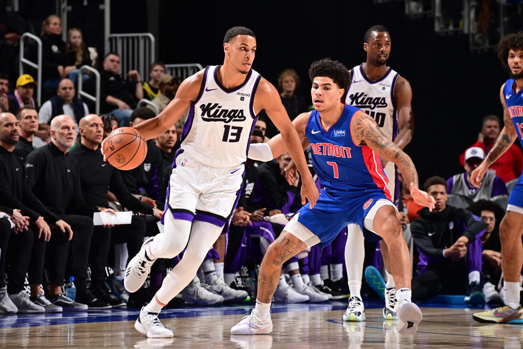 DETROIT, MI - JANUARY 9: Keegan Murray #13 of the Sacramento Kings dribbles the ball during the game against the Detroit Pistons on January 9, 2024 at Little Caesars Arena in Detroit, Michigan. NOTE TO USER: User expressly acknowledges and agrees that, by downloading and/or using this photograph, User is consenting to the terms and conditions of the Getty Images License Agreement. Mandatory Copyright Notice: Copyright 2024 NBAE (Photo by Chris Schwegler/NBAE via Getty Images)