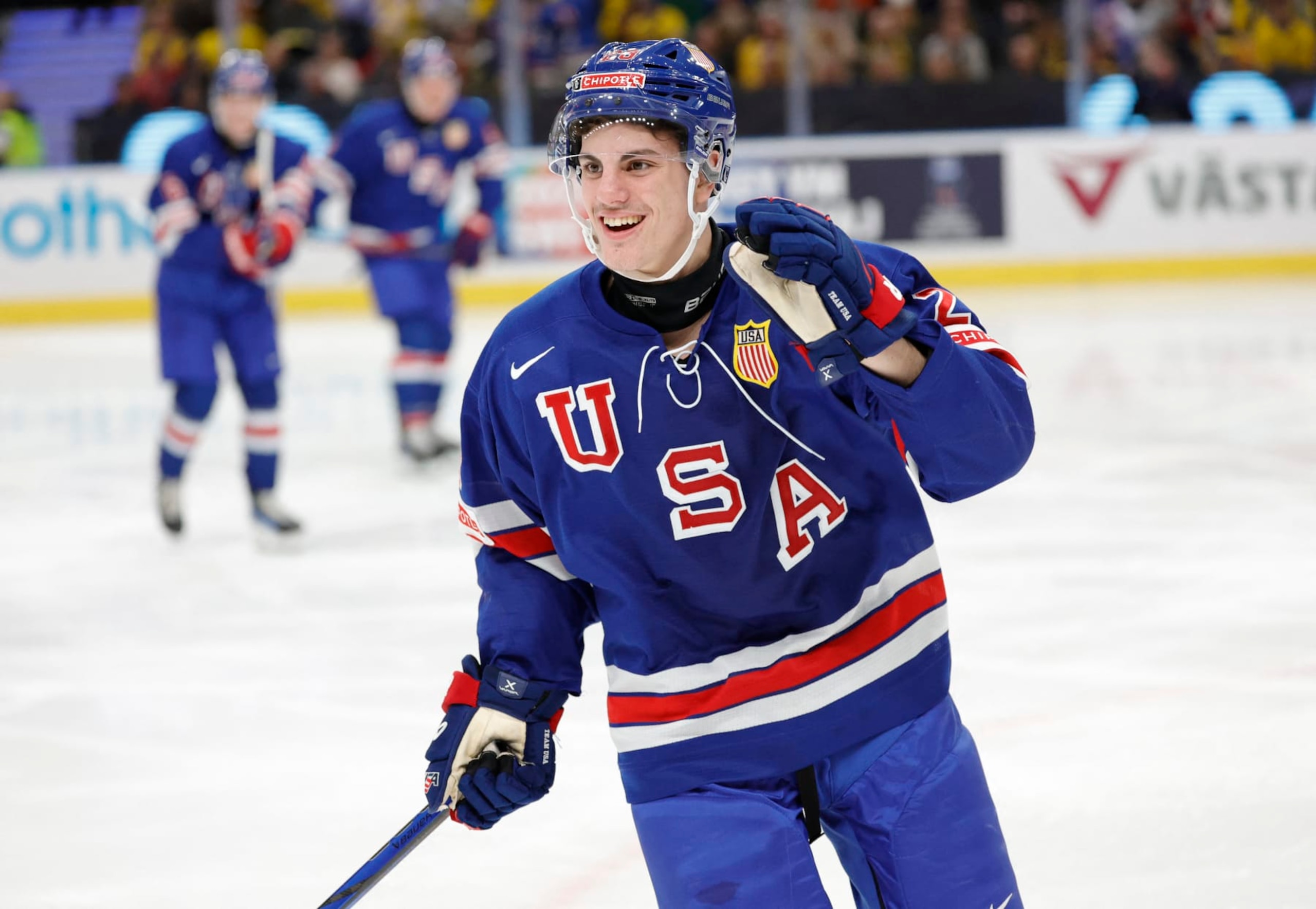 USA's defender Zeev Buium celebrates scoring during the final ice hockey match between USA and Sweden of the IIHF World Junior Championship in Gothenburg, Sweden on January 5, 2024. (Photo by Adam Ihse/TT / various sources / AFP) / Sweden OUT (Photo by ADAM IHSE/TT/TT News Agency/TT NYHETSBYRÅN/AFP via Getty Images) USA's defender Zeev Buium celebrates scoring during the final ice hockey match between USA and Sweden of the IIHF World Junior Championship in Gothenburg, Sweden on January 5, 2024. (Photo by Adam Ihse/TT / various sources / AFP) / Sweden OUT (Photo by ADAM IHSE/TT/TT News Agency/TT NYHETSBYRÅN/AFP via Getty Images)