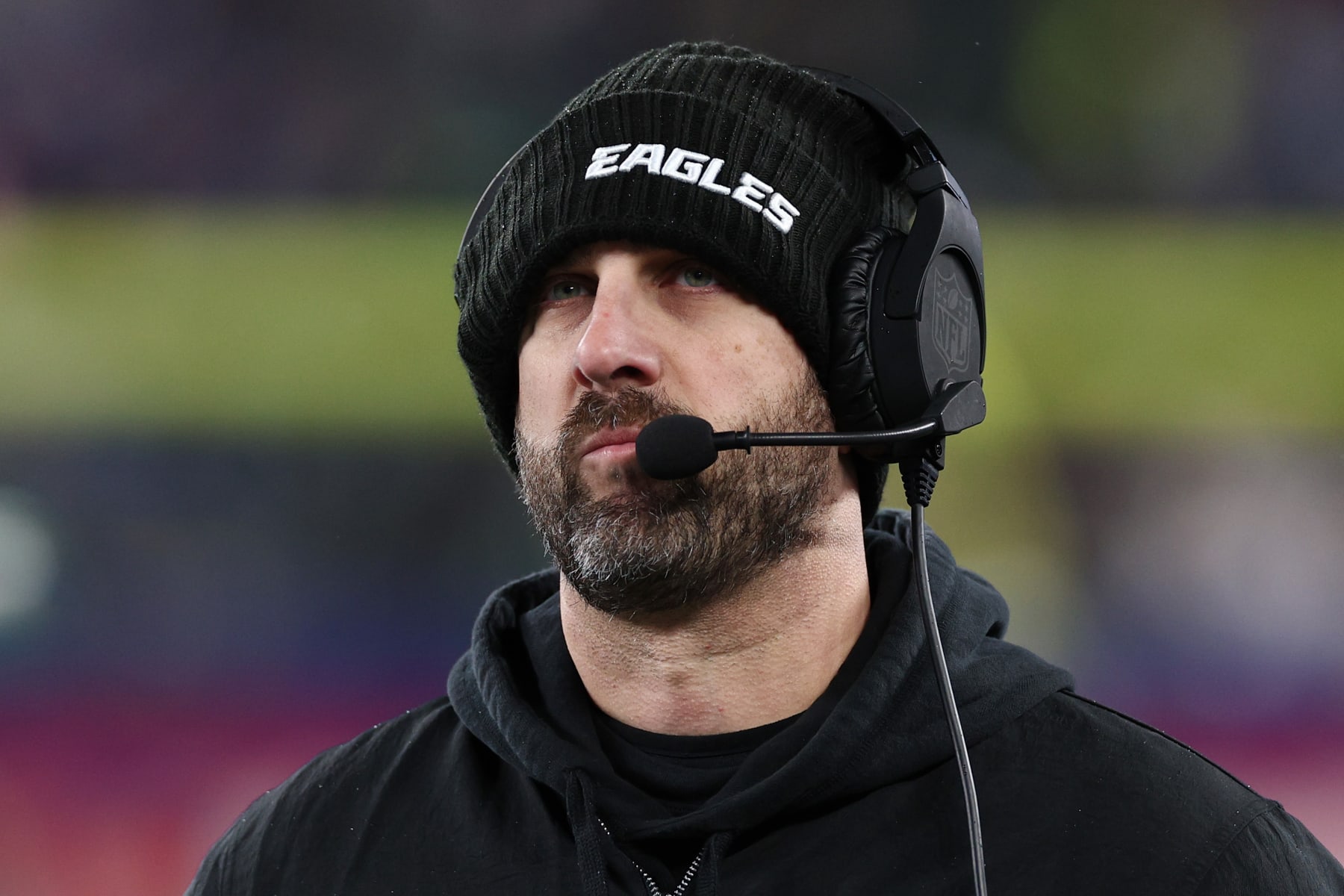 EAST RUTHERFORD, NEW JERSEY - JANUARY 07: Head coach Nick Sirianni of the Philadelphia Eagles looks on during the second half in the game against the New York Giants at MetLife Stadium on January 07, 2024 in East Rutherford, New Jersey. (Photo by Elsa/Getty Images)