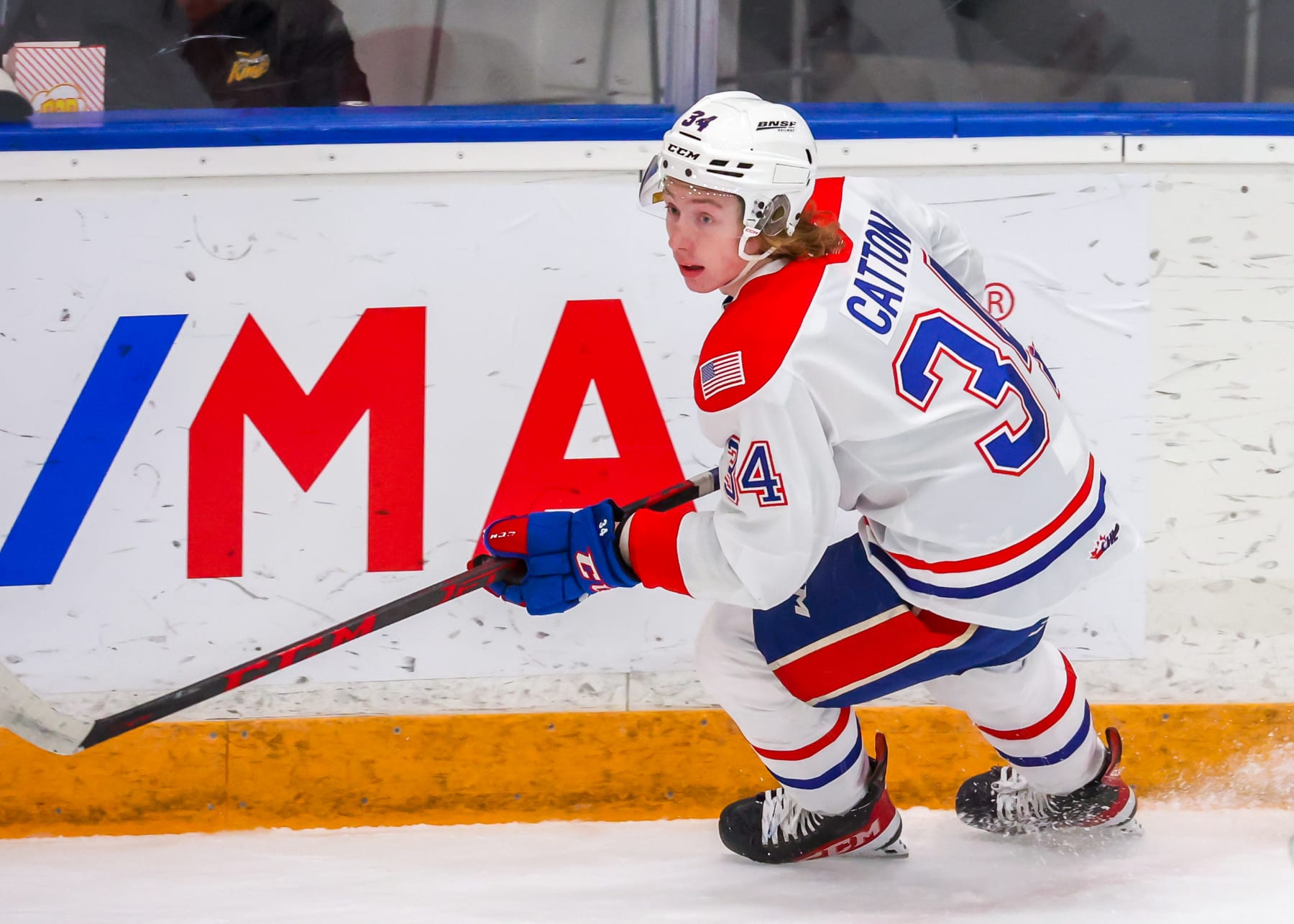 WINNIPEG, CANADA - DECEMBER 09: Berkly Catton #34 of the Spokane Chiefs skates during first period action against the Winnipeg ICE at Wayne Fleming Arena on December 09, 2022 in Winnipeg, Manitoba, Canada. (Photo by Jonathan Kozub/Getty Images)