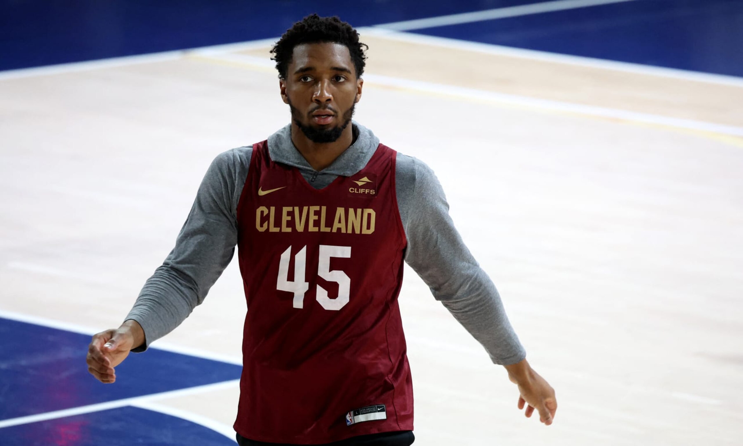 Cleveland Cavaliers player Donovan Mitchell takes part in a training session prior to the Cavaliers NBA game against the Brooklyn Nets, in the Paris suburb of Levallois-Perret on January 10, 2024. The Brooklyn Nets and the Cleveland Cavaliers will play a regular NBA game in Paris on January 11, 2024 (Photo by Emmanuel DUNAND / AFP) (Photo by EMMANUEL DUNAND/AFP via Getty Images)