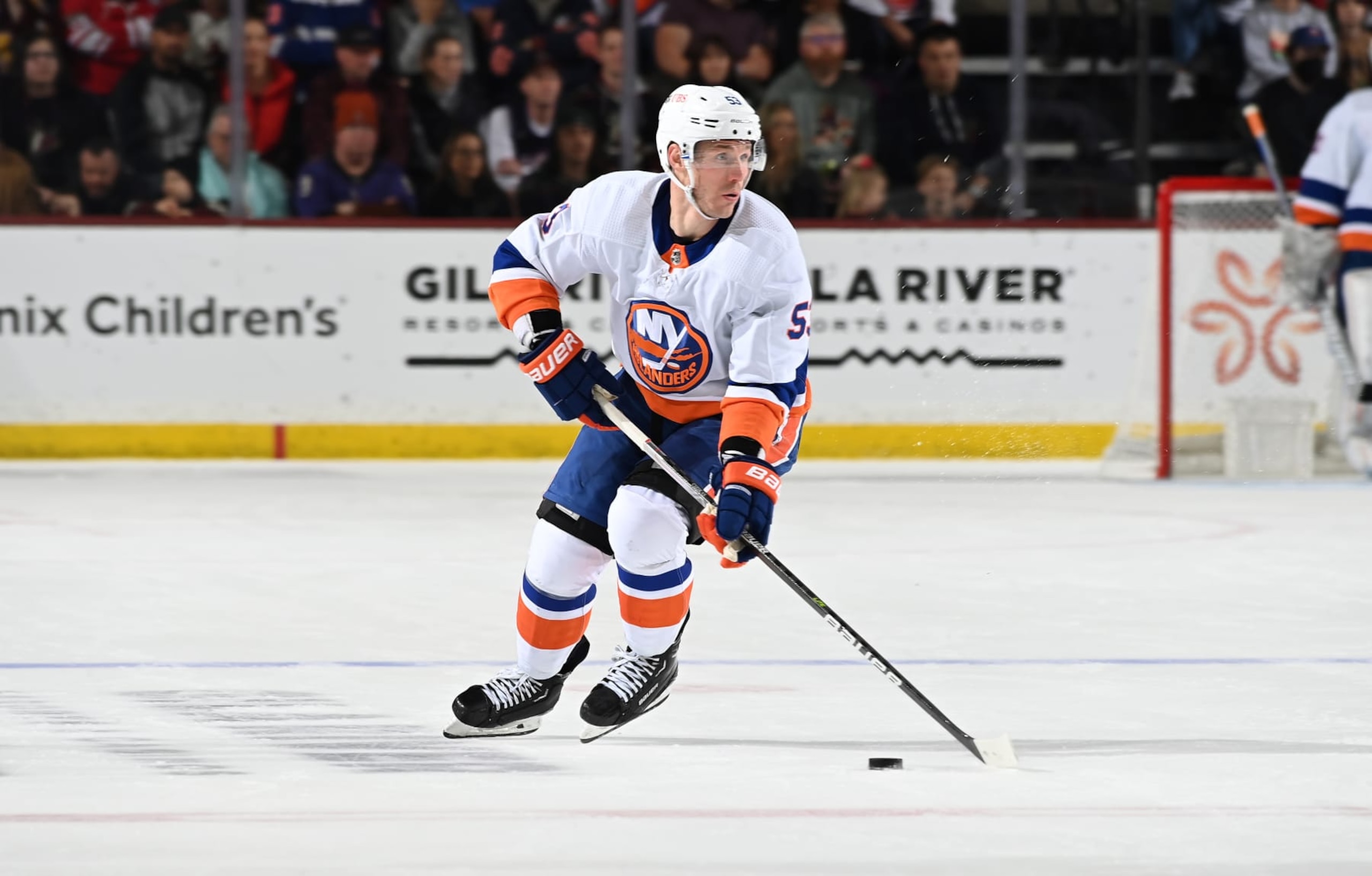 TEMPE, ARIZONA - JANUARY 04: Casey Cizikas #53 of the New York Islanders skates with the puck against the Arizona Coyotes at Mullett Arena on January 04, 2024 in Tempe, Arizona. (Photo by Norm Hall/NHLI via Getty Images) TEMPE, ARIZONA - JANUARY 04: Casey Cizikas #53 of the New York Islanders skates with the puck against the Arizona Coyotes at Mullett Arena on January 04, 2024 in Tempe, Arizona. (Photo by Norm Hall/NHLI via Getty Images)