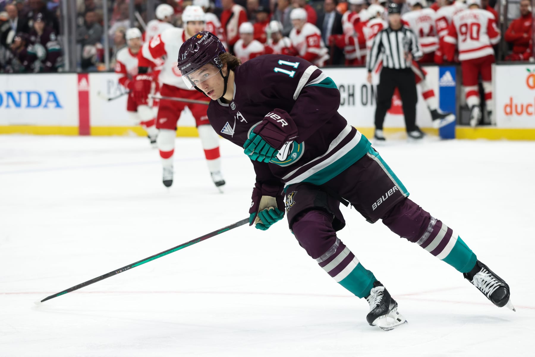 ANAHEIM, CA  JANUARY 7:  Trevor Zegras #11 of the Anaheim Ducks skates during the game against the Detroit Red Wings on January 7, 2024 at Honda Center in Anaheim, California. (Photo by Debora Robinson/NHLI via Getty Images)