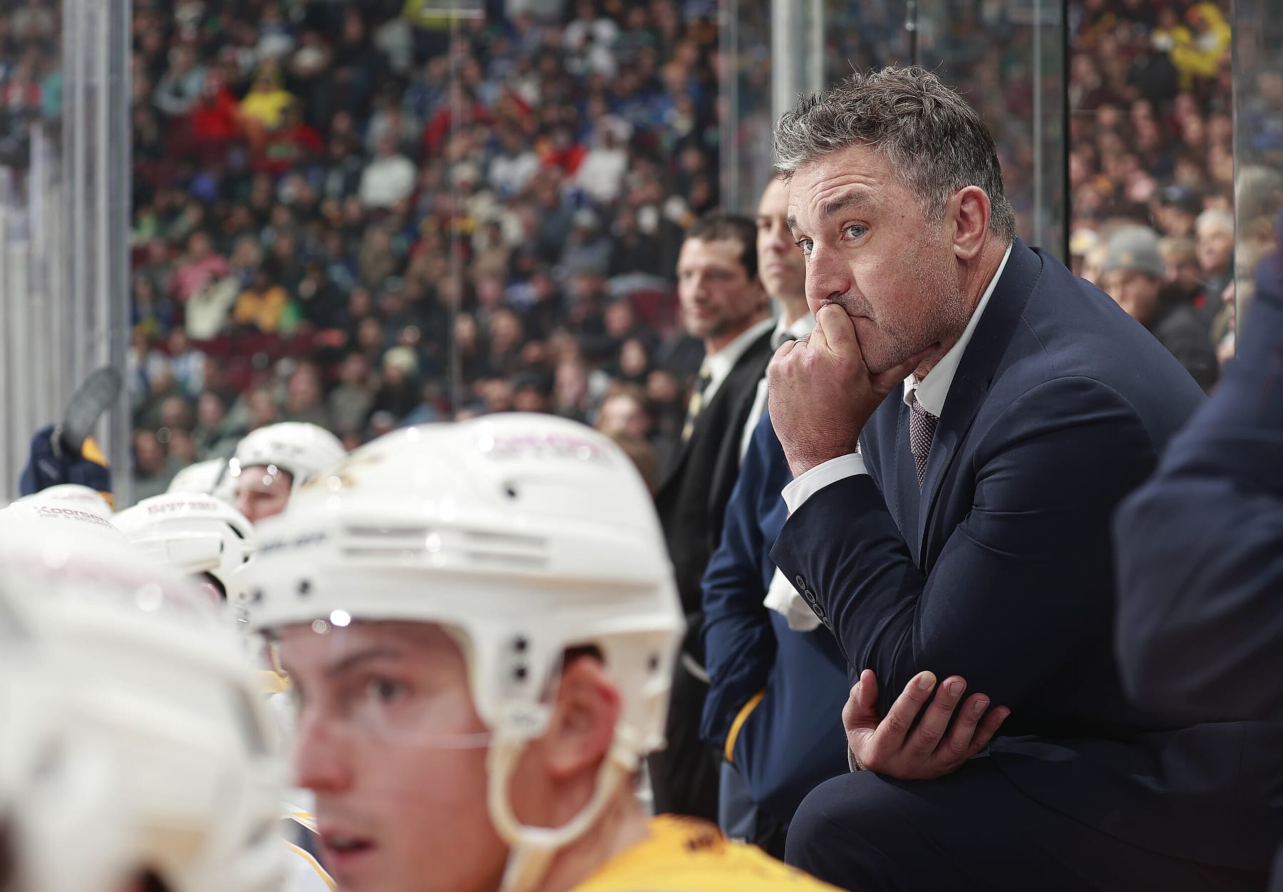 VANCOUVER, CANADA - OCTOBER 31: Head coach Andrew Brunette of the Nashville Predators looks on from the bench during their NHL game against the Vancouver Canucks at Rogers Arena October 31, 2023 in Vancouver, British Columbia, Canada. (Photo by Jeff Vinnick/NHLI via Getty Images) VANCOUVER, CANADA - OCTOBER 31: Head coach Andrew Brunette of the Nashville Predators looks on from the bench during their NHL game against the Vancouver Canucks at Rogers Arena October 31, 2023 in Vancouver, British Columbia, Canada. (Photo by Jeff Vinnick/NHLI via Getty Images)