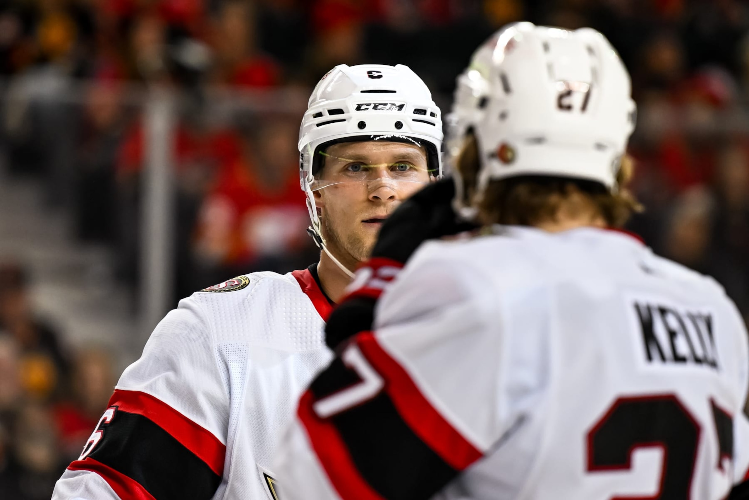 CALGARY, AB - JANUARY 09: Ottawa Senators Defenceman Jakob Chychrun (6) and Ottawa Senators Right Wing Parker Kelly (27) talk before a face-off during the first period of an NHL game between the Calgary Flames and the Ottawa Senators on January 9, 2024, at the Scotiabank Saddledome in Calgary, AB. (Photo by Brett Holmes/Icon Sportswire via Getty Images) CALGARY, AB - JANUARY 09: Ottawa Senators Defenceman Jakob Chychrun (6) and Ottawa Senators Right Wing Parker Kelly (27) talk before a face-off during the first period of an NHL game between the Calgary Flames and the Ottawa Senators on January 9, 2024, at the Scotiabank Saddledome in Calgary, AB. (Photo by Brett Holmes/Icon Sportswire via Getty Images)