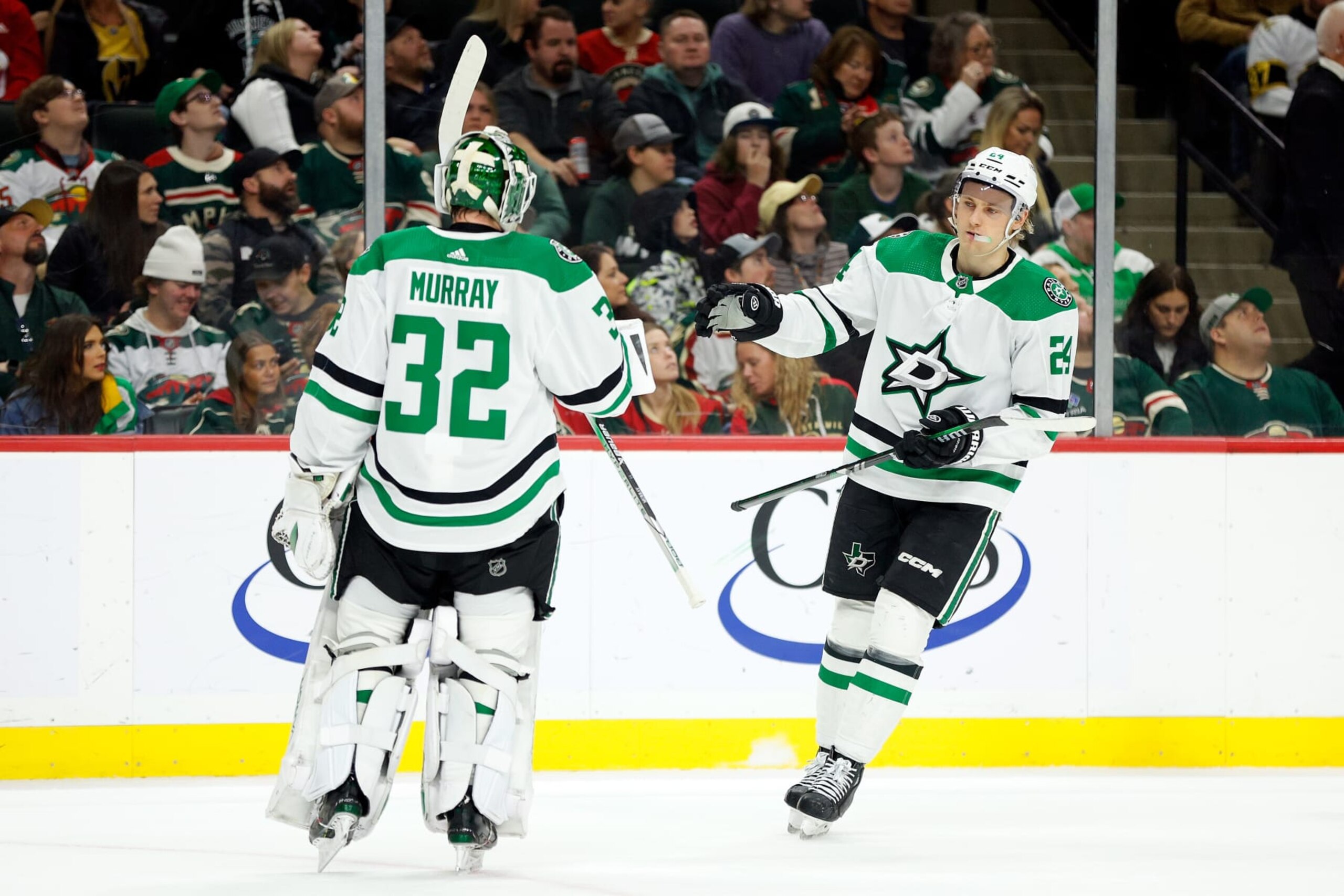 ST PAUL, MINNESOTA - JANUARY 08: Roope Hintz #24 of the Dallas Stars celebrates his shorthanded goal against the Minnesota Wild with goaltender Matt Murray #32 in the first period at Xcel Energy Center on January 08, 2024 in St Paul, Minnesota. (Photo by David Berding/Getty Images) ST PAUL, MINNESOTA - JANUARY 08: Roope Hintz #24 of the Dallas Stars celebrates his shorthanded goal against the Minnesota Wild with goaltender Matt Murray #32 in the first period at Xcel Energy Center on January 08, 2024 in St Paul, Minnesota. (Photo by David Berding/Getty Images)
