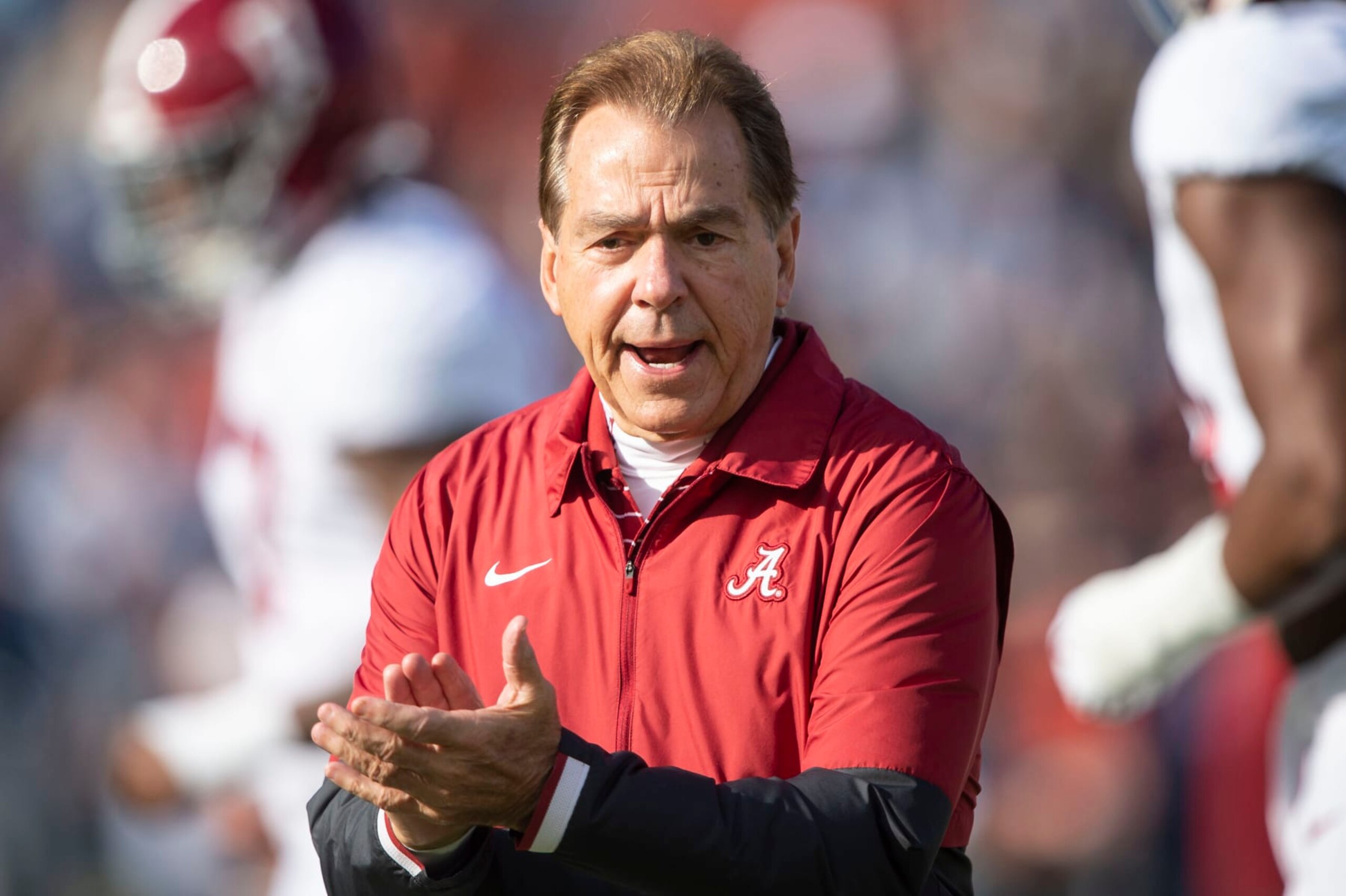 AUBURN, ALABAMA - NOVEMBER 25: Head coach Nick Saban of the Alabama Crimson Tide prior to their game against the Auburn Tigers at Jordan-Hare Stadium on November 25, 2023 in Auburn, Alabama. (Photo by Michael Chang/Getty Images)