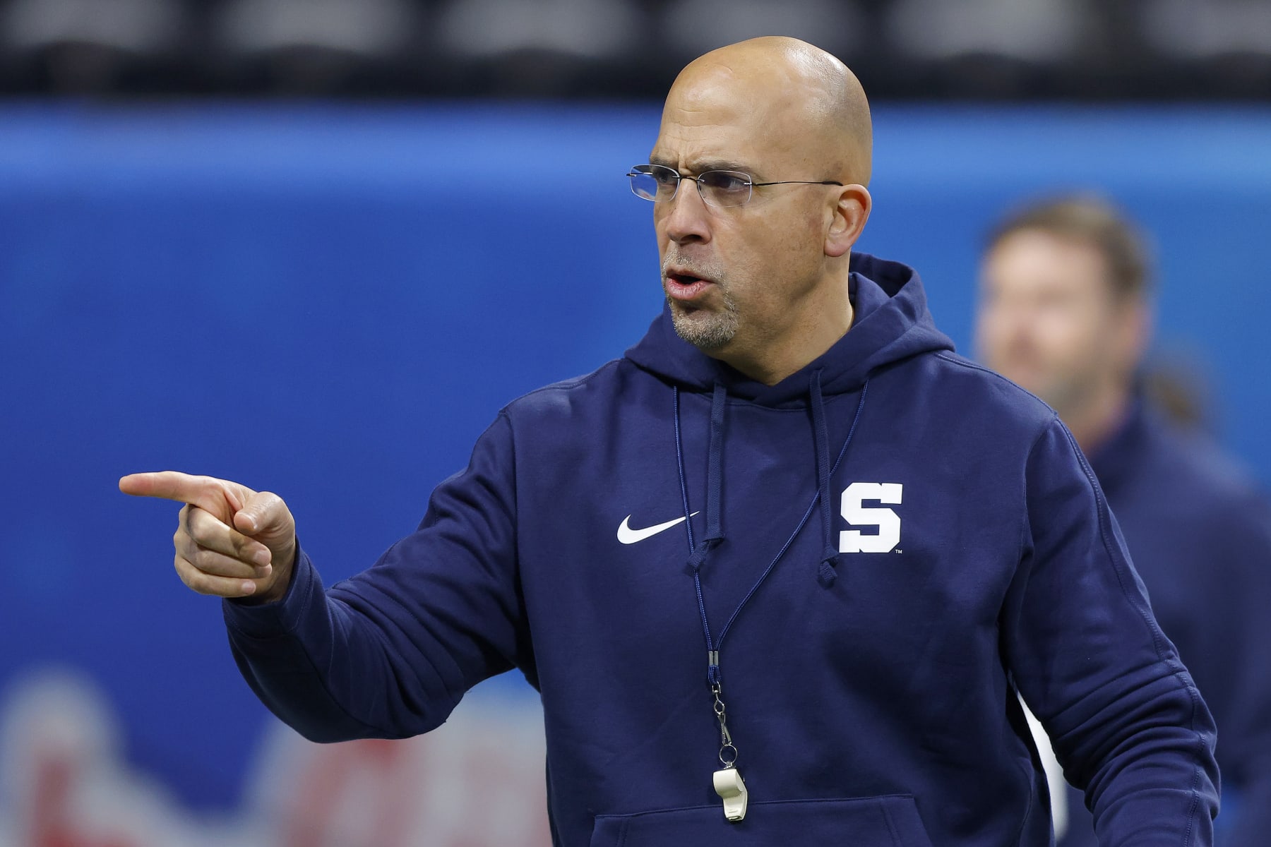 ATLANTA, GEORGIA - DECEMBER 30: Head coach James Franklin of the Penn State Nittany Lions leads his team through warmups before the Chick-fil-A Peach Bowl against the Mississippi Rebels at Mercedes-Benz Stadium on December 30, 2023 in Atlanta, Georgia. (Photo by Todd Kirkland/Getty Images)