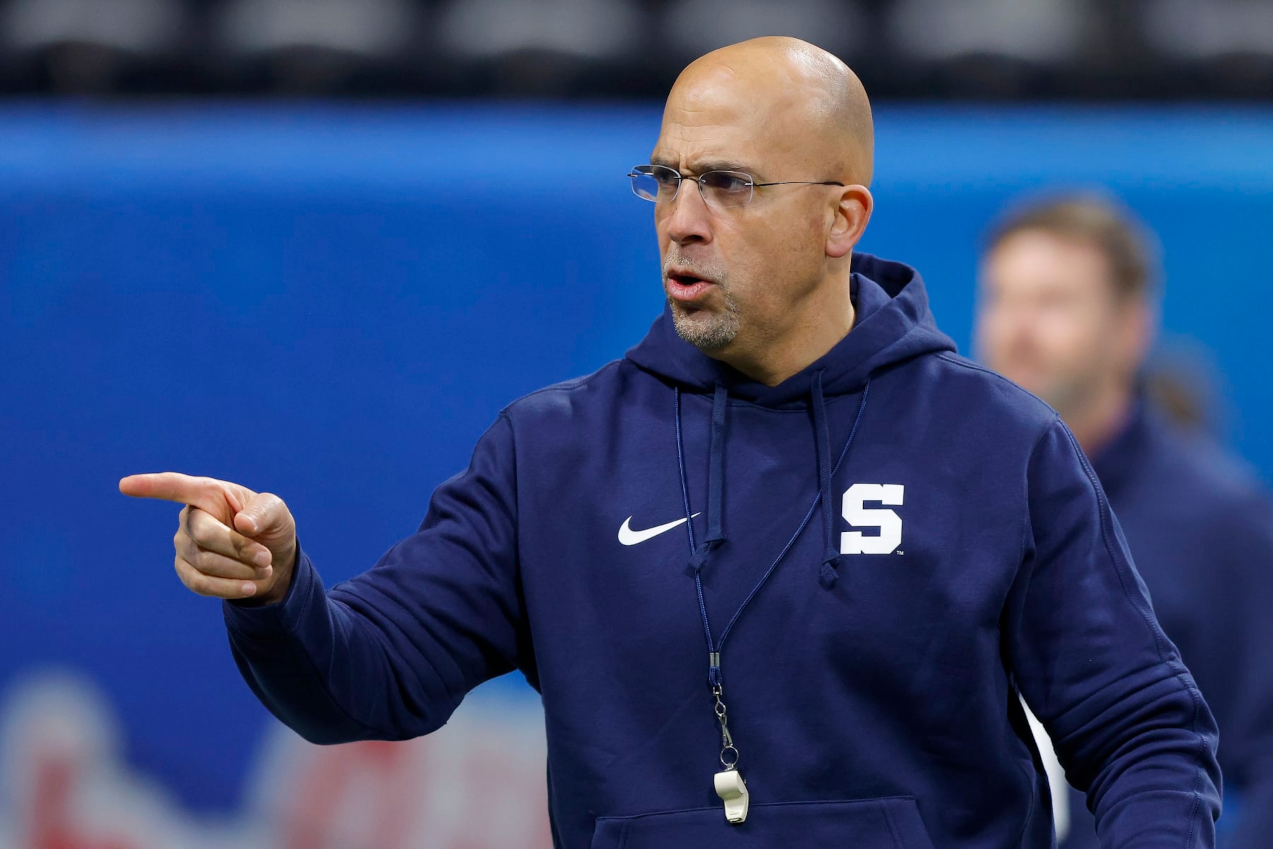 ATLANTA, GEORGIA - DECEMBER 30: Head coach James Franklin of the Penn State Nittany Lions leads his team through warmups before the Chick-fil-A Peach Bowl against the Mississippi Rebels at Mercedes-Benz Stadium on December 30, 2023 in Atlanta, Georgia. (Photo by Todd Kirkland/Getty Images)
