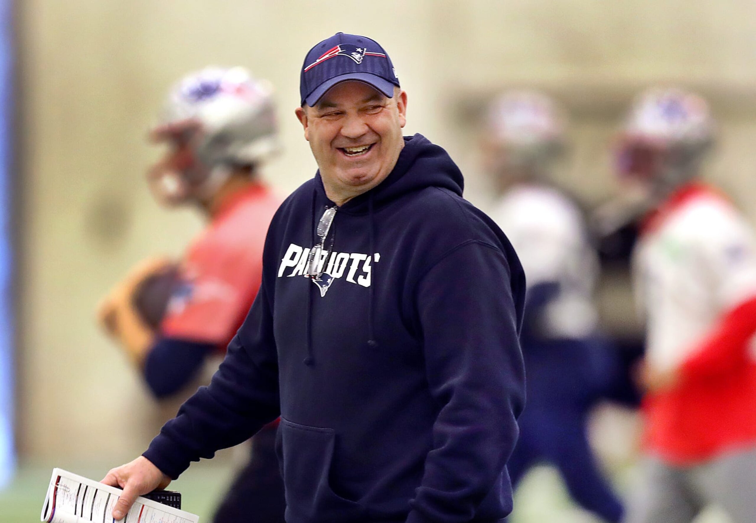 Foxborough, MA - December 27: New England Patriots Offensive Coordinator Bill O'Brien smiles during practice. (Photo by John Tlumacki/The Boston Globe via Getty Images)