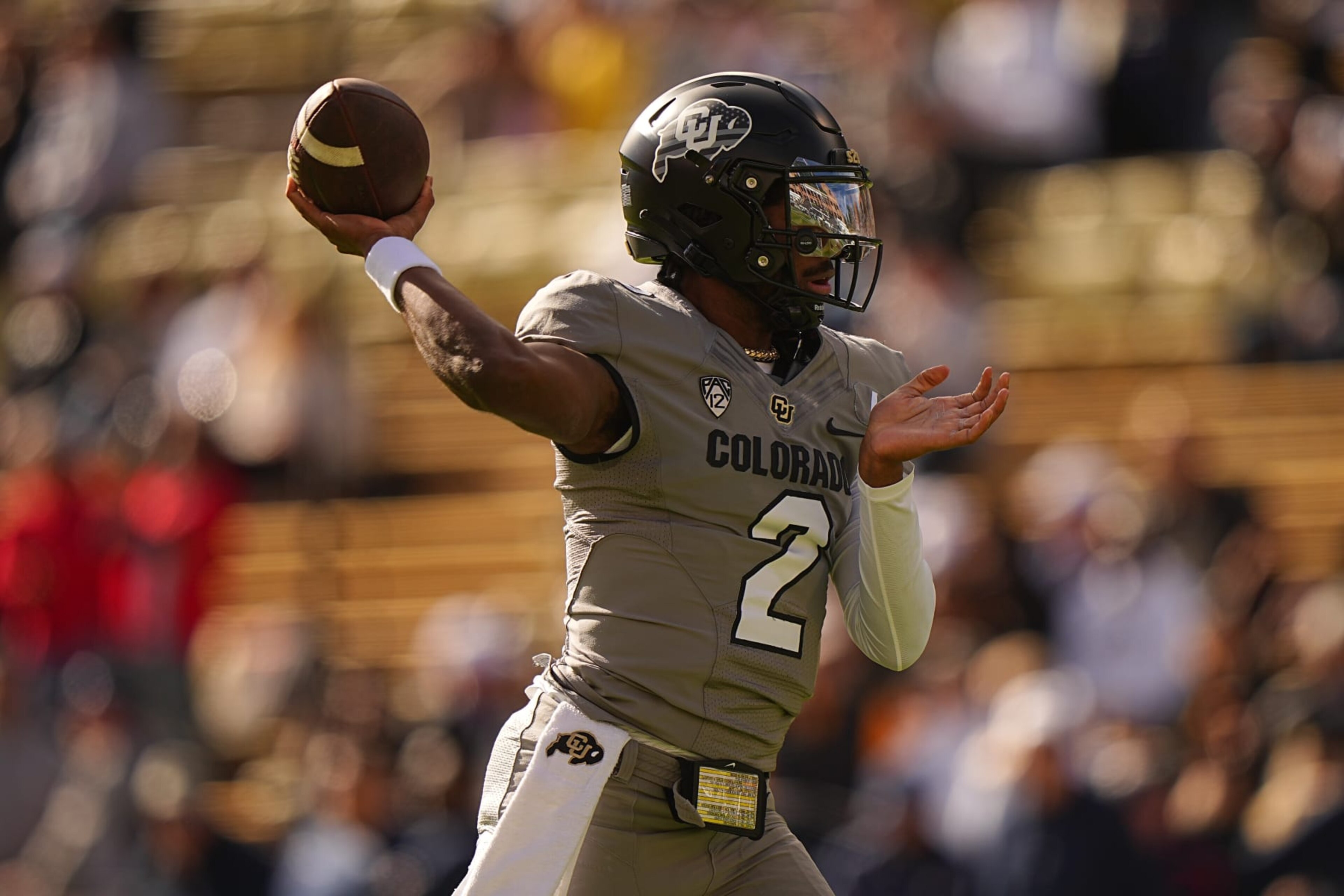 College Football: Colorado quarterback Shedeur Sanders (2) in action, throws the football vs Arizona at Folsom Field.
Boulder, CO 11/11/2023
CREDIT: Erick W. Rasco (Photo by Erick W. Rasco/Sports Illustrated via Getty Images)
(Set Number: X164462) College Football: Colorado quarterback Shedeur Sanders (2) in action, throws the football vs Arizona at Folsom Field.
Boulder, CO 11/11/2023
CREDIT: Erick W. Rasco (Photo by Erick W. Rasco/Sports Illustrated via Getty Images)
(Set Number: X164462)