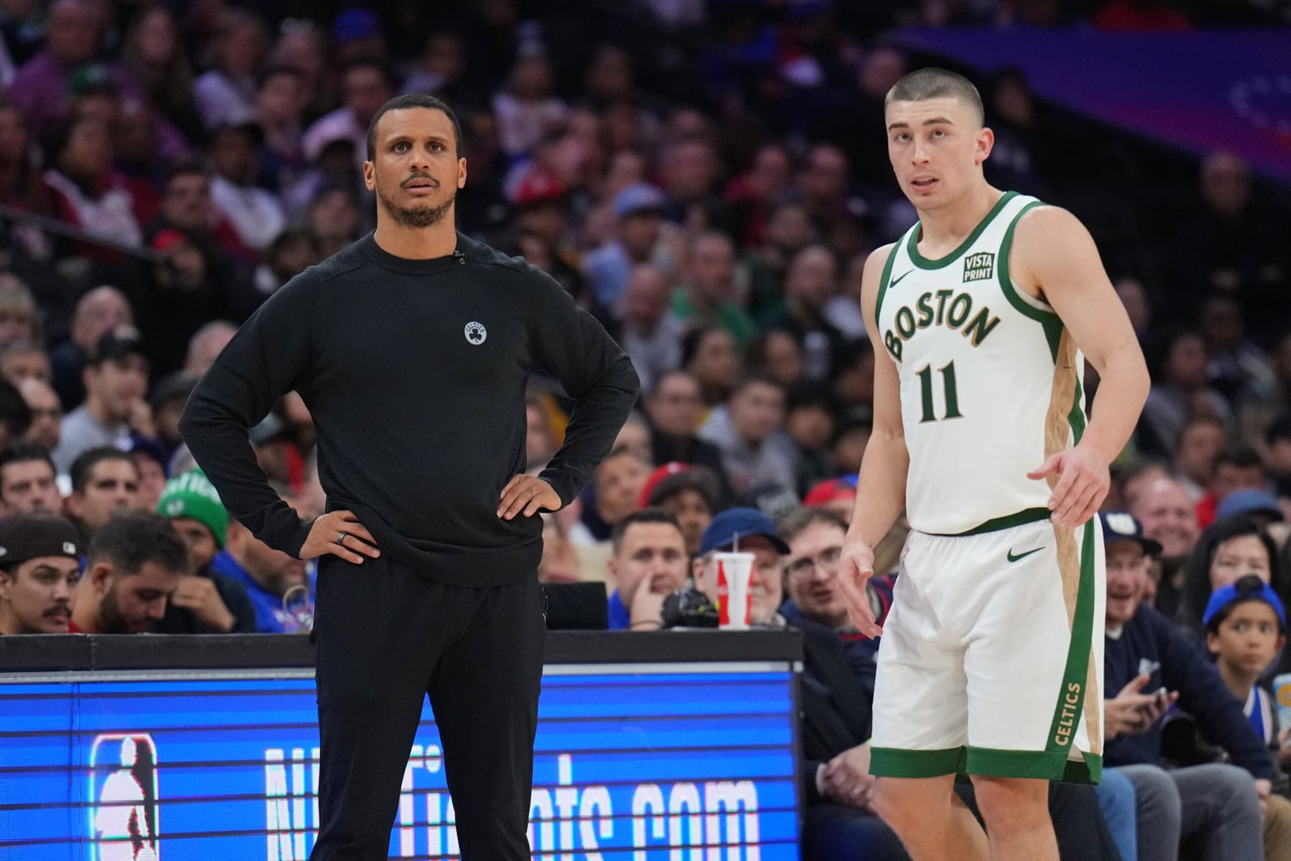 PHILADELPHIA, PA - NOVEMBER 15: Head Coach Joe Mazzulla looks on with Payton Pritchard #11 of the Boston Celtics during the game against the Philadelphia 76ers on November 15, 2023 at the Wells Fargo Center in Philadelphia, Pennsylvania NOTE TO USER: User expressly acknowledges and agrees that, by downloading and/or using this Photograph, user is consenting to the terms and conditions of the Getty Images License Agreement. Mandatory Copyright Notice: Copyright 2023 NBAE (Photo by Jesse D. Garrabrant/NBAE via Getty Images)