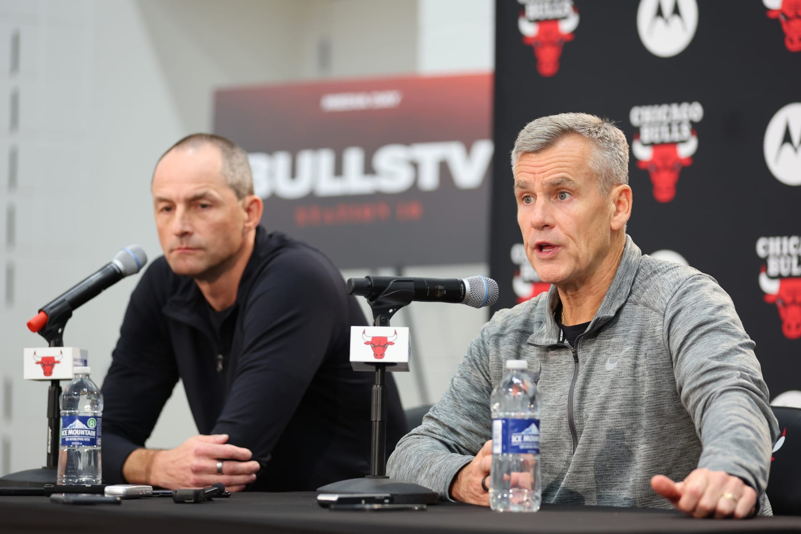 CHICAGO, ILLINOIS - OCTOBER 02: Executive Vice President of Basketball Operations Arturas Karnisovas of the Chicago Bulls looks on as head coach Billy Donovan answers questions from reporters during Media Day at Advocate Center on October 02, 2023 in Chicago, Illinois. (Photo by Michael Reaves/Getty Images)