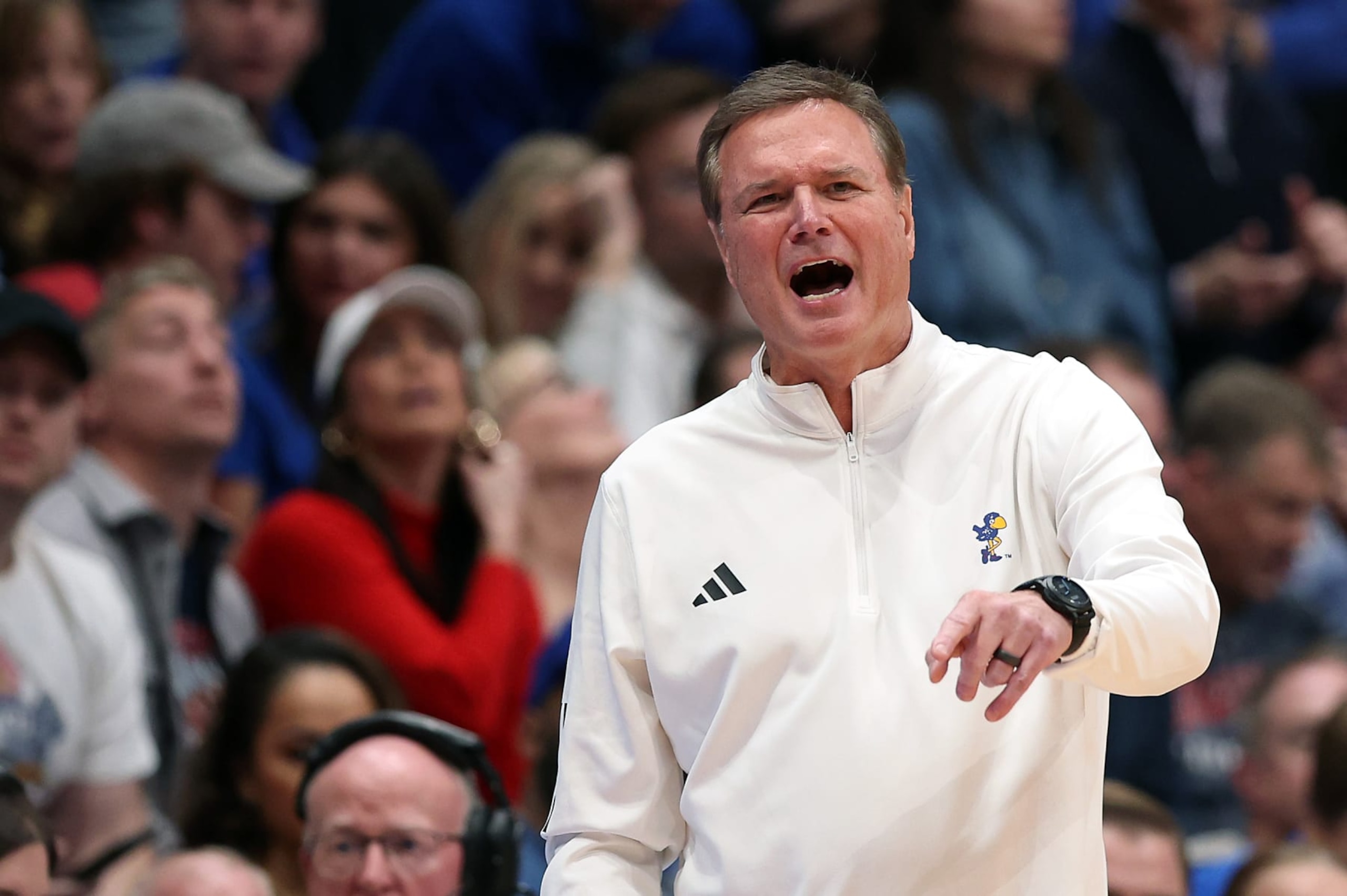 LAWRENCE, KANSAS - JANUARY 06:  Head coach Bill Self of the Kansas Jayhawks coaches from the bench during the 2nd half of the game against the TCU Horned Frogs at Allen Fieldhouse on January 06, 2024 in Lawrence, Kansas. (Photo by Jamie Squire/Getty Images)