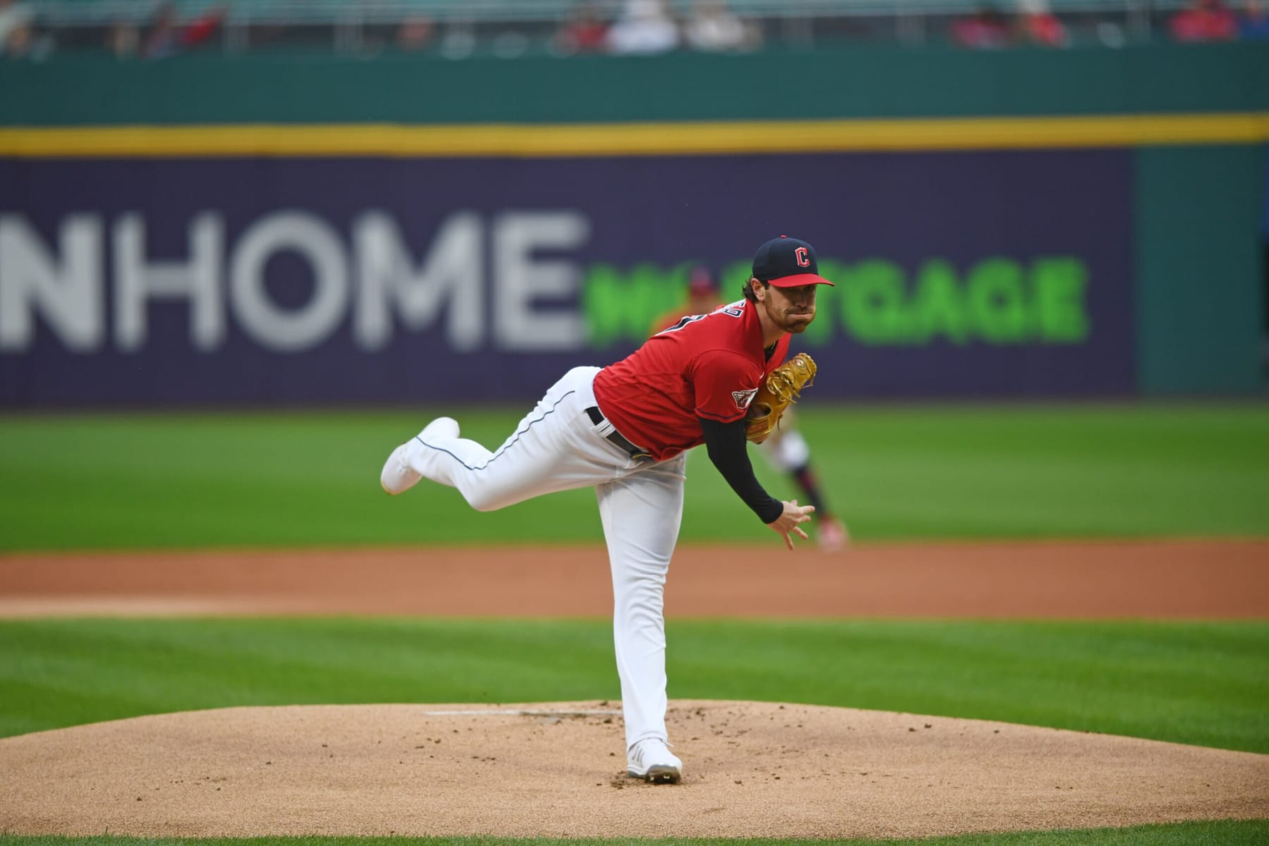 CLEVELAND, OHIO - SEPTEMBER 27, 2023: Shane Bieber #57 of the Cleveland Guardians throws a pitch during the first inning against the Cincinnati Reds at Progressive Field on September 27, 2023 in Cleveland, Ohio. (Photo by George Kubas/Diamond Images via Getty Images)