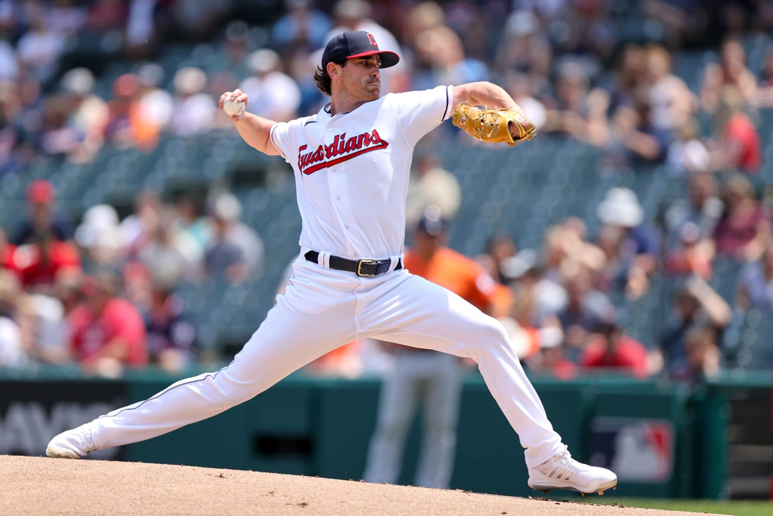 CLEVELAND, OH - JUNE 11: Cleveland Guardians starting pitcher Shane Bieber (57) delivers pitch to the plate during the first inning of the Major League Baseball game between the Houston Astros and Cleveland Guardians on June 11, 2023, at Progressive Field in Cleveland, OH. (Photo by Frank Jansky/Icon Sportswire via Getty Images)