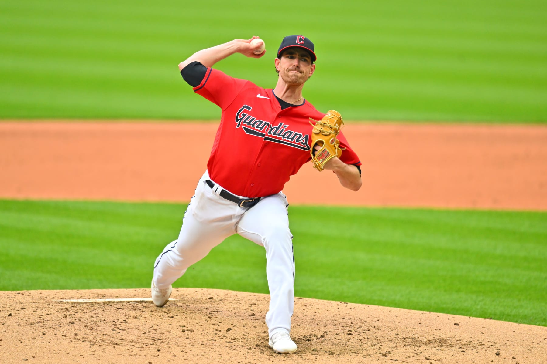 CLEVELAND, OHIO - APRIL 22: Starting pitcher Shane Bieber #57 of the Cleveland Guardians pitches during the fourth inning of the first game of a doubleheader against the Miami Marlins at Progressive Field on April 22, 2023 in Cleveland, Ohio. (Photo by Jason Miller/Getty Images)