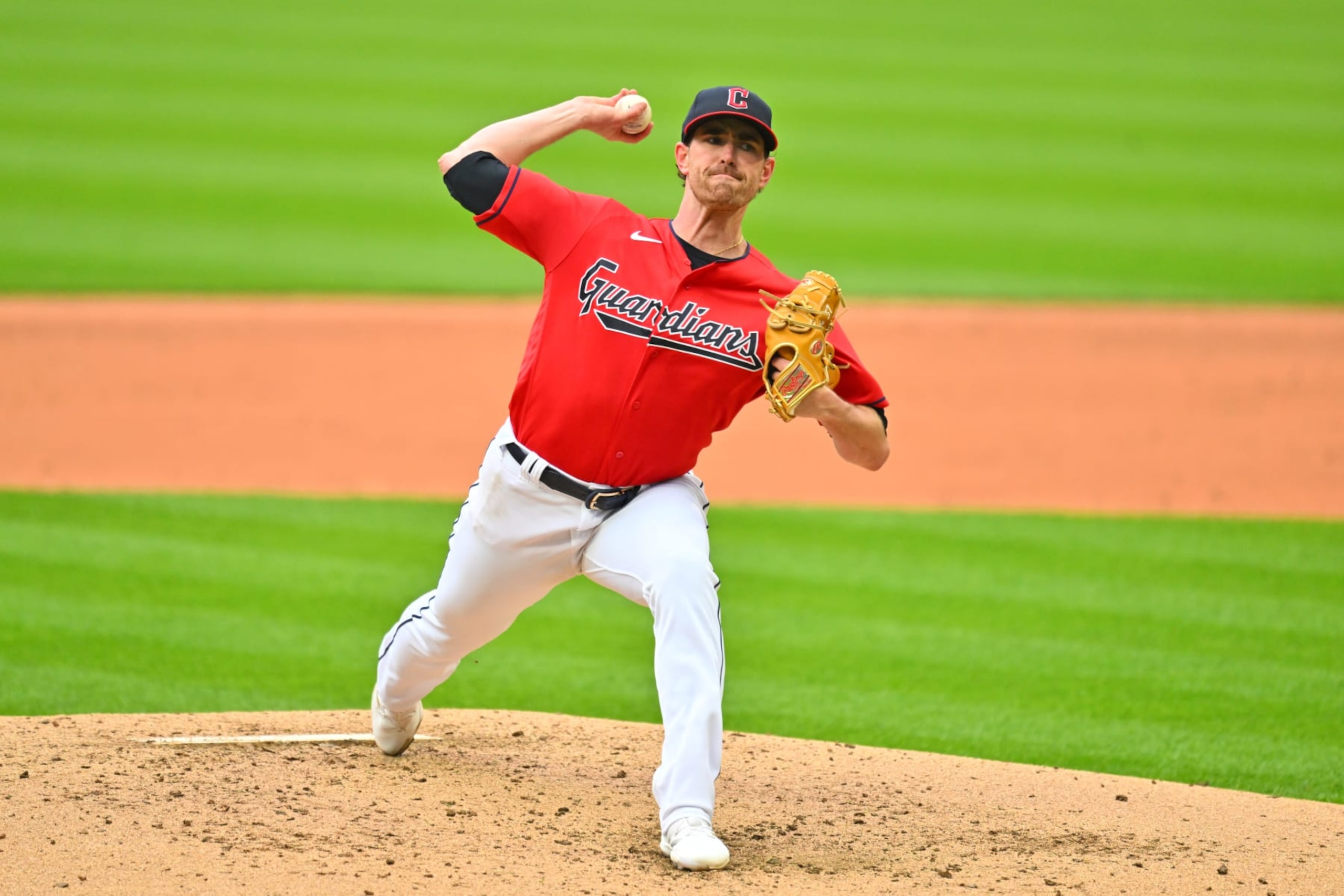 CLEVELAND, OHIO - APRIL 22: Starting pitcher Shane Bieber #57 of the Cleveland Guardians pitches during the fourth inning of the first game of a doubleheader against the Miami Marlins at Progressive Field on April 22, 2023 in Cleveland, Ohio. (Photo by Jason Miller/Getty Images)