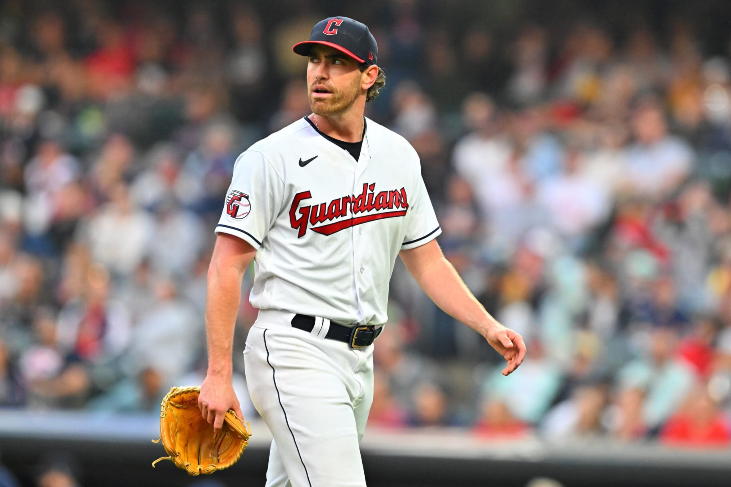 CLEVELAND, OHIO - JUNE 06: Shane Bieber #57 of the Cleveland Guardians reacts as he leaves the game during the sixth inning against the Boston Red Sox at Progressive Field on June 06, 2023 in Cleveland, Ohio. (Photo by Jason Miller/Getty Images)