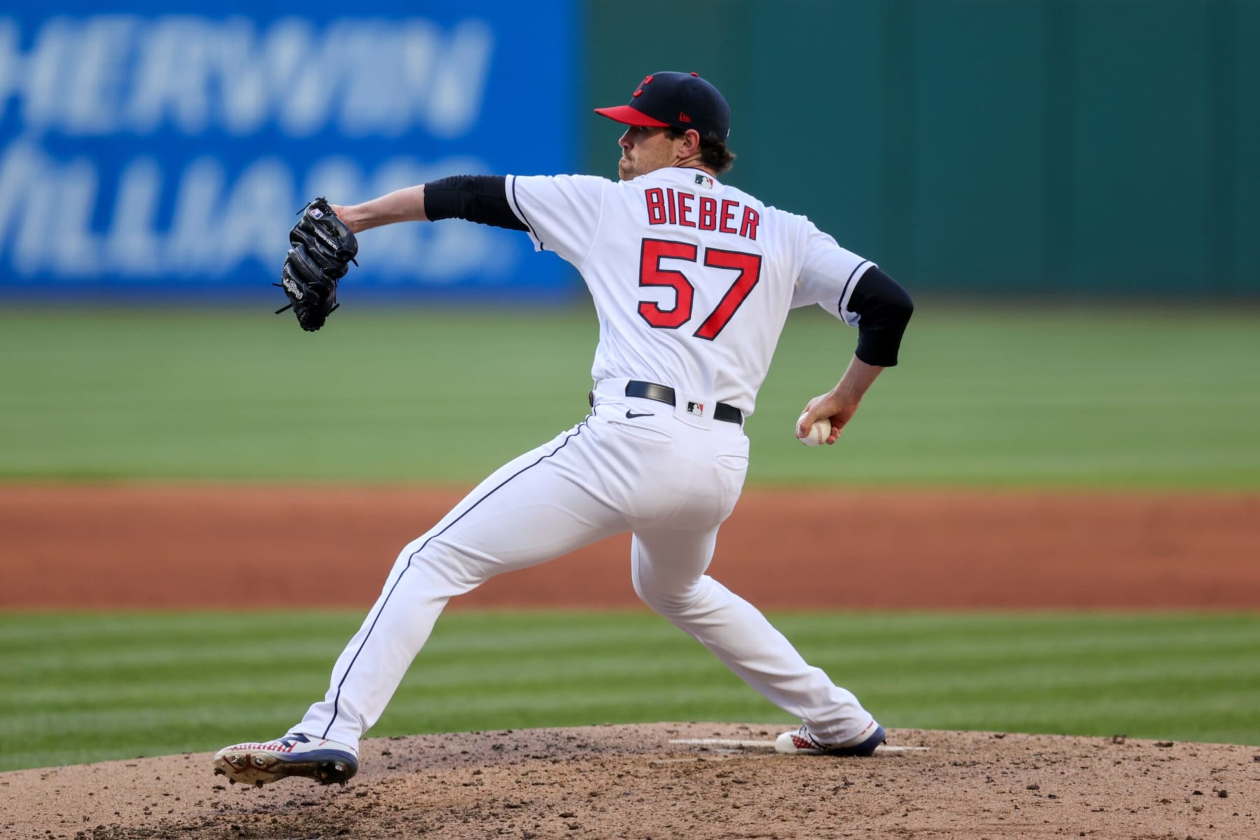 CLEVELAND, OH - MAY 11: Cleveland Indians starting pitcher Shane Bieber (57) delivers a pitch to the plate during the fifth inning of the Major League Baseball interleague game between the Chicago Cubs and Cleveland Indians on May 11, 2021, at Progressive Field in Cleveland, OH. (Photo by Frank Jansky/Icon Sportswire via Getty Images)