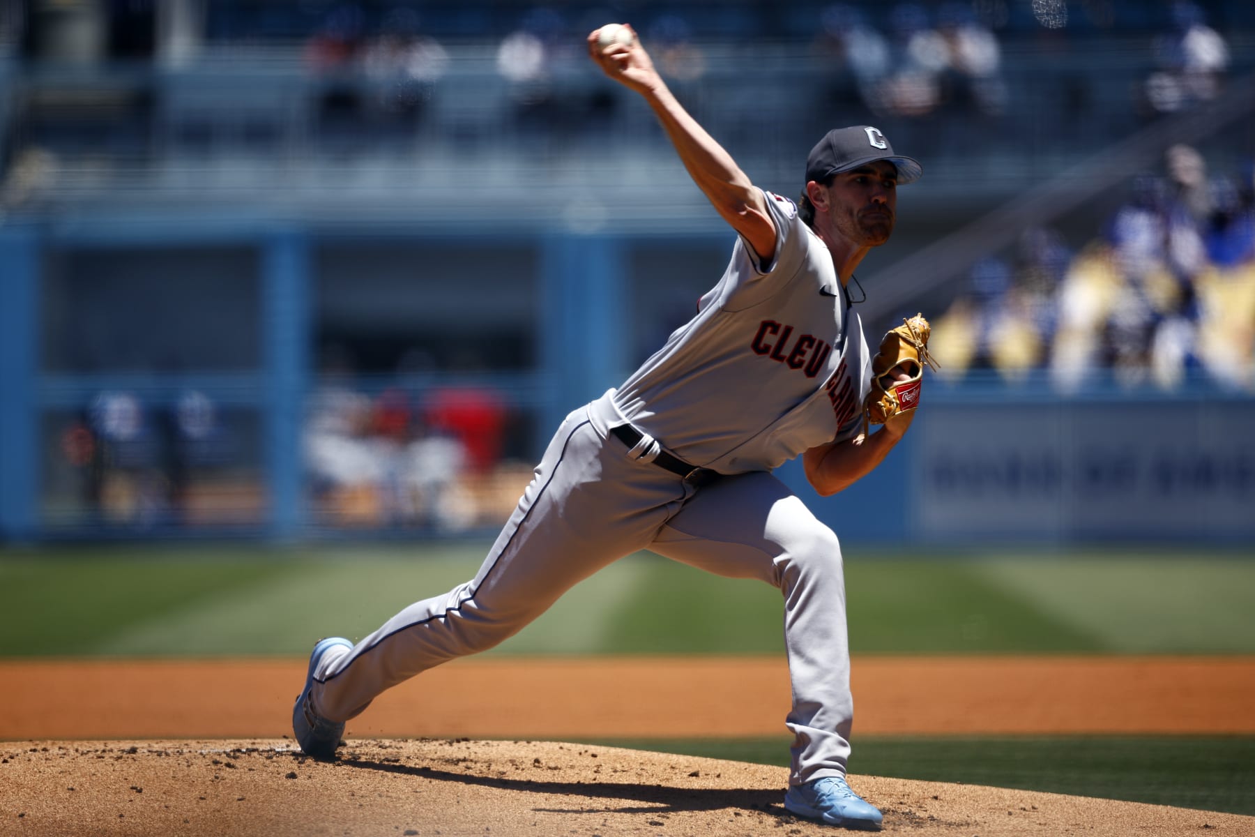 LOS ANGELES, CALIFORNIA - JUNE 19:  Shane Bieber #57 of the Cleveland Guardians throws against the Los Angeles Dodgers in the first inning at Dodger Stadium on June 19, 2022 in Los Angeles, California. (Photo by Ronald Martinez/Getty Images)