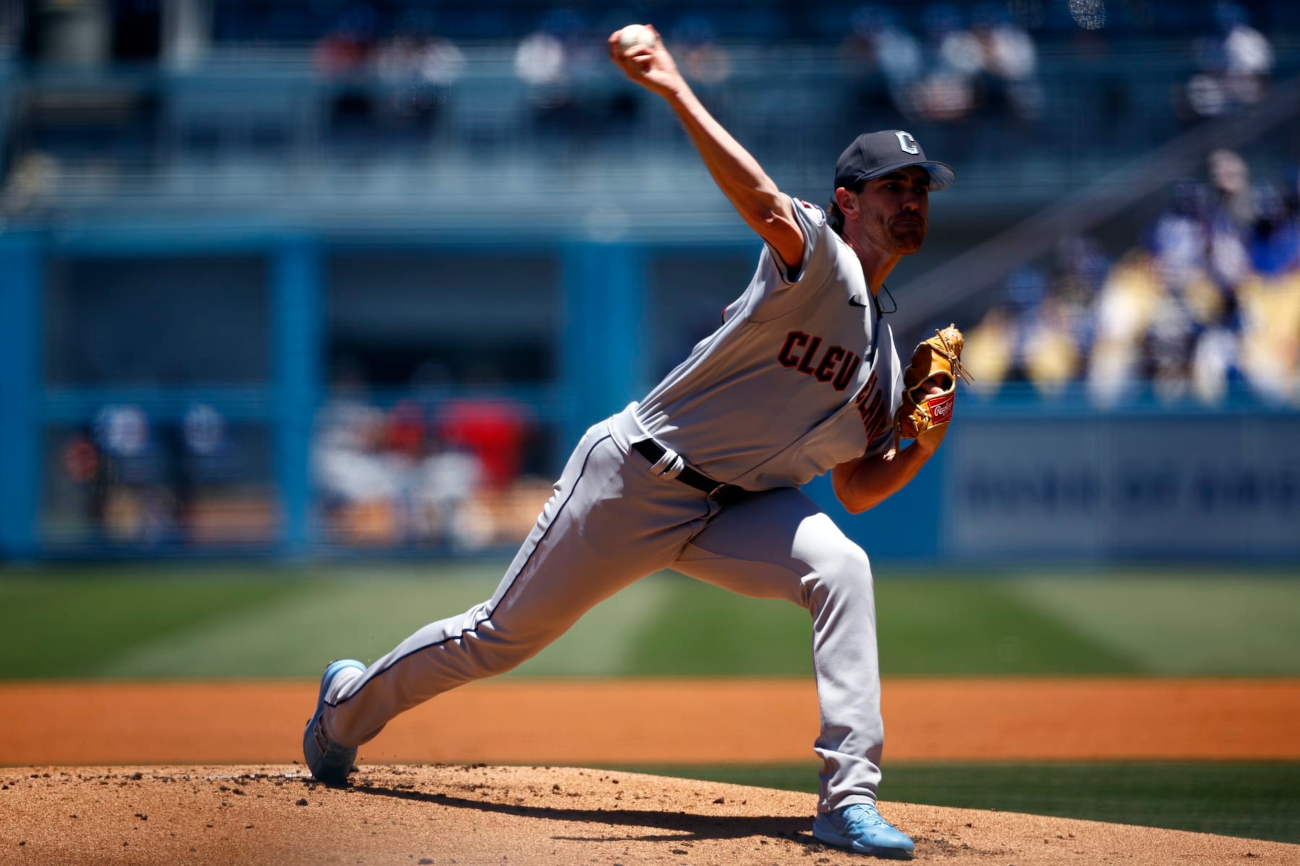 LOS ANGELES, CALIFORNIA - JUNE 19:  Shane Bieber #57 of the Cleveland Guardians throws against the Los Angeles Dodgers in the first inning at Dodger Stadium on June 19, 2022 in Los Angeles, California. (Photo by Ronald Martinez/Getty Images)