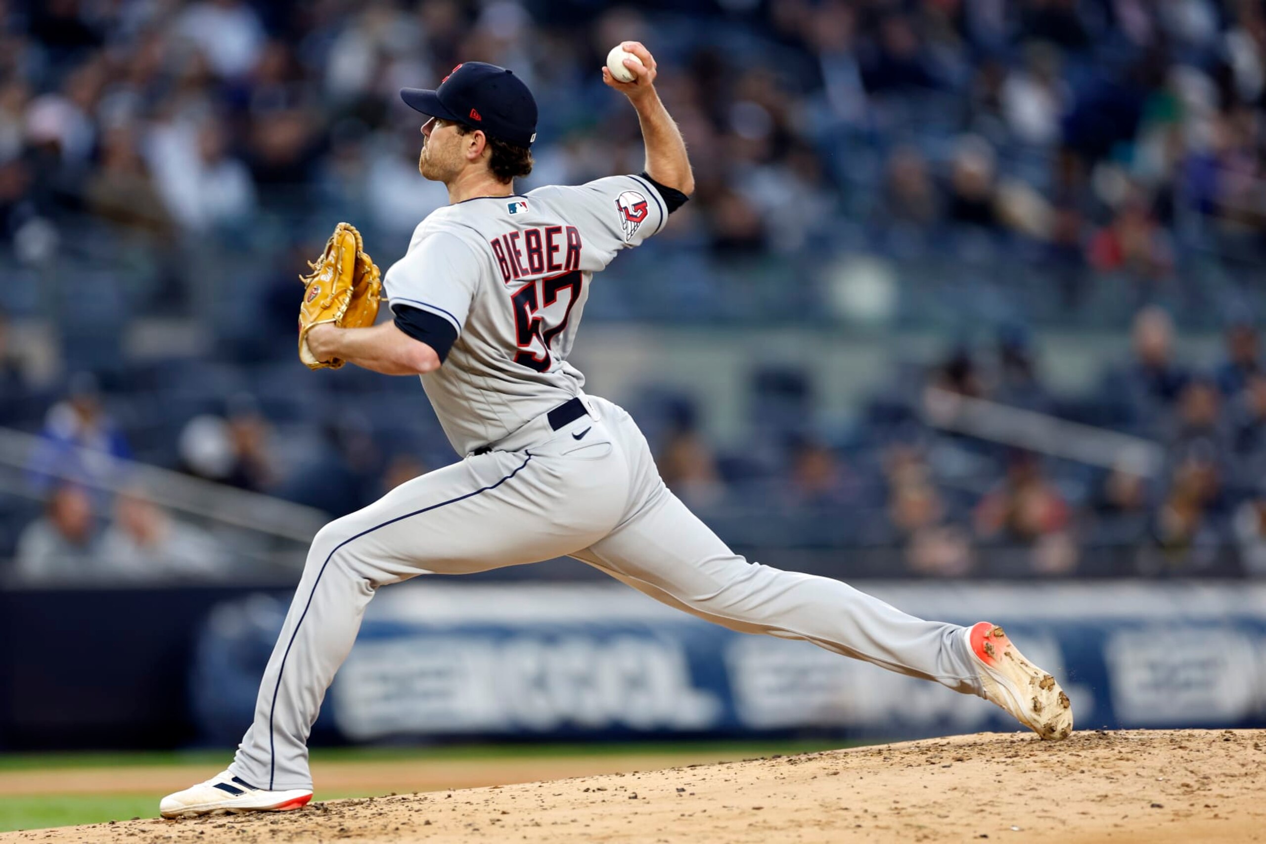 NEW YORK, NEW YORK - MAY 03: Shane Bieber #57 of the Cleveland Guardians pitches during the first inning against the New York Yankees at Yankee Stadium on May 03, 2023 in the Bronx borough of New York City. (Photo by Sarah Stier/Getty Images)
