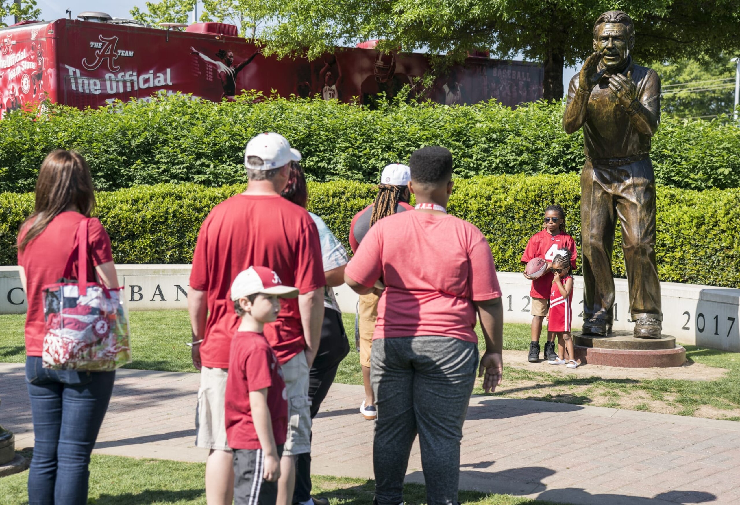 College Football: View of fans posing for photograph with statue of Alabama head coach Nick Saban outside stadium before Crimson vs White spring game at Bryant-Denny Stadium.
Tuscaloosa, AL 4/21/2018
CREDIT: Erick W. Rasco (Photo by Erick W. Rasco /Sports Illustrated via Getty Images)
(Set Number: X161873 TK5 )