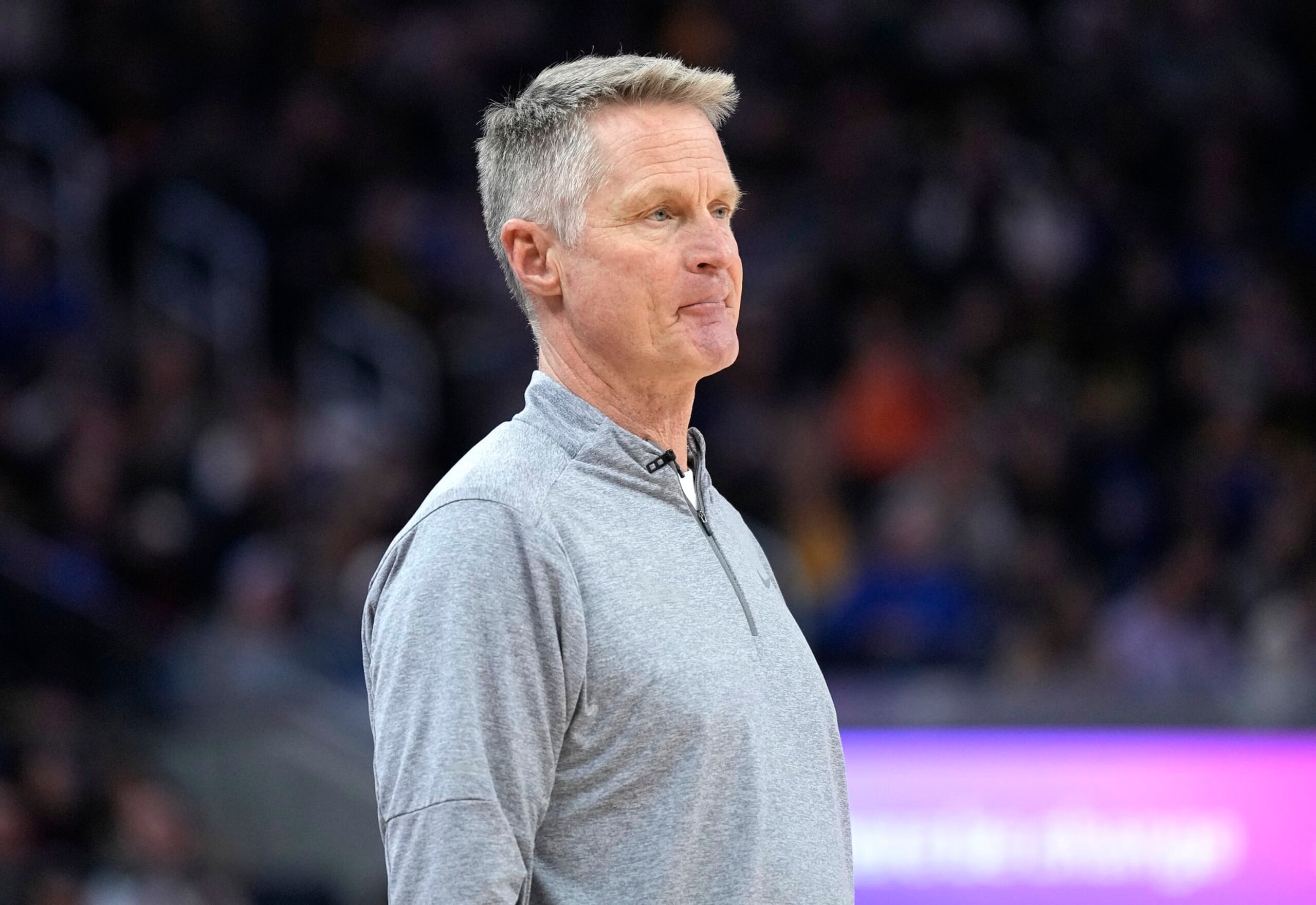 SAN FRANCISCO, CALIFORNIA - JANUARY 04: Head coach Steve Kerr of the Golden State Warriors looks on against the Denver Nuggets during the third quarter of an NBA basketball game at Chase Center on January 04, 2024 in San Francisco, California. NOTE TO USER: User expressly acknowledges and agrees that, by downloading and or using this photograph, User is consenting to the terms and conditions of the Getty Images License Agreement. (Photo by Thearon W. Henderson/Getty Images)