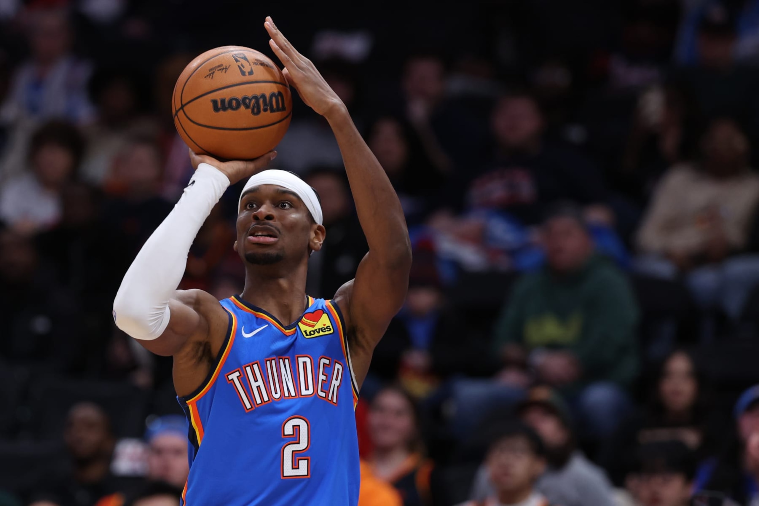 WASHINGTON, DC - JANUARY 08: Shai Gilgeous-Alexander #2 of the Oklahoma City Thunder shoots the ball against the Washington Wizards during the first half at Capital One Arena on January 08, 2024 in Washington, DC. NOTE TO USER: User expressly acknowledges and agrees that, by downloading and or using this photograph, User is consenting to the terms and conditions of the Getty Images License Agreement (Photo by Patrick Smith/Getty Images)