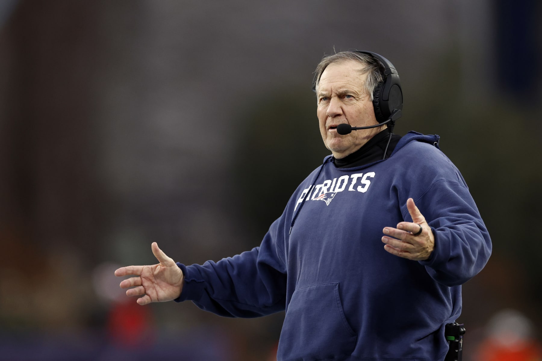 Foxborough, MA - December 17: New England Patriots head coach Bill Belichick reacts to a replay in the second half. The Patriots lost to the Kansas City Chiefs, 27-17. (Photo by Danielle Parhizkaran/The Boston Globe via Getty Images)