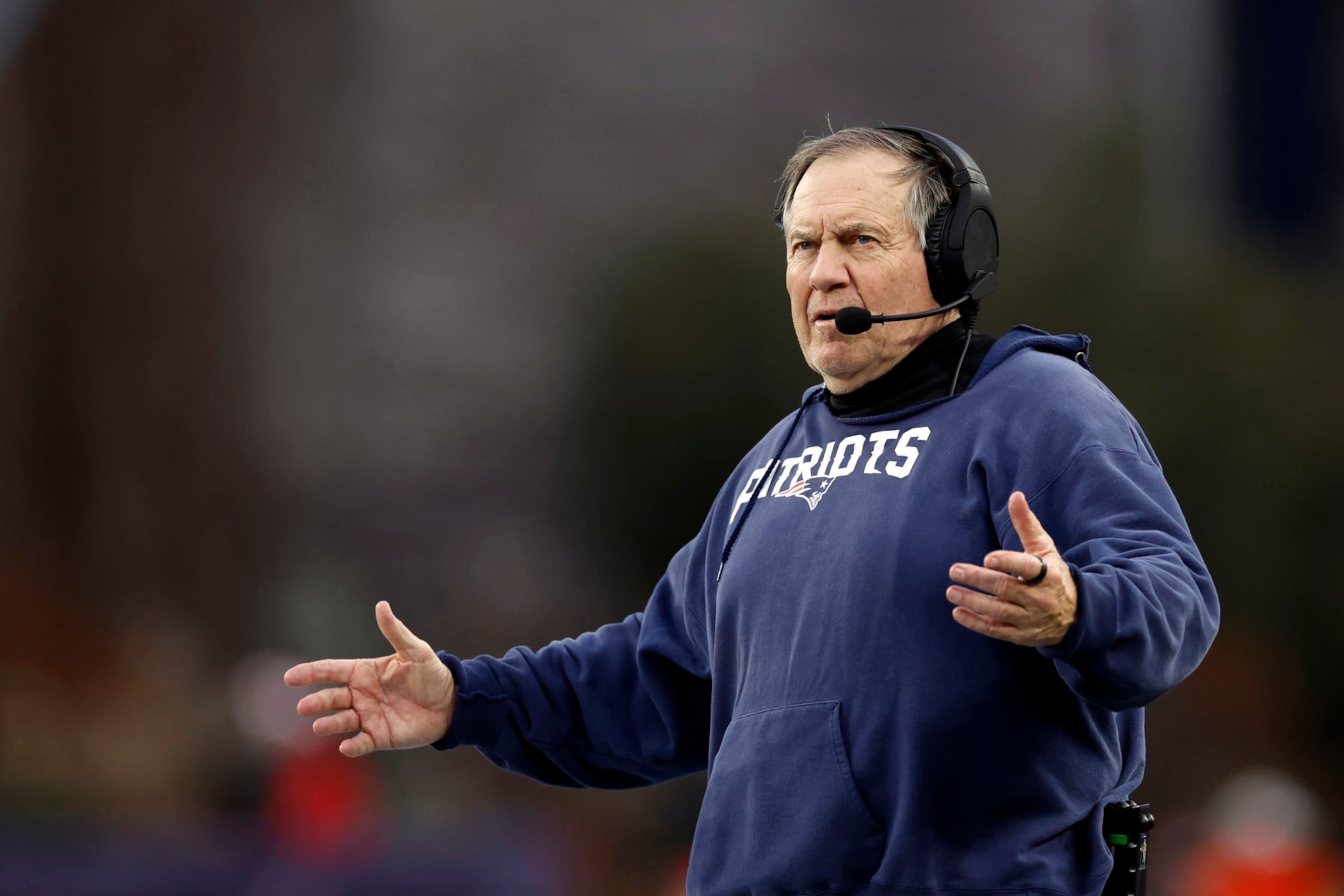 Foxborough, MA - December 17: New England Patriots head coach Bill Belichick reacts to a replay in the second half. The Patriots lost to the Kansas City Chiefs, 27-17. (Photo by Danielle Parhizkaran/The Boston Globe via Getty Images)