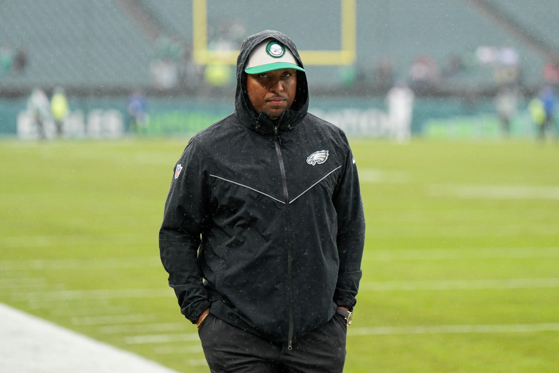 PHILADELPHIA, PA - NOVEMBER 26: Philadelphia Eagles offensive coordinator Brian Johnson looks on during the game between the Buffalo Bills and the Philadelphia Eagles on November 26, 2023 at Lincoln Financial Field.(Photo by Andy Lewis/Icon Sportswire via Getty Images)