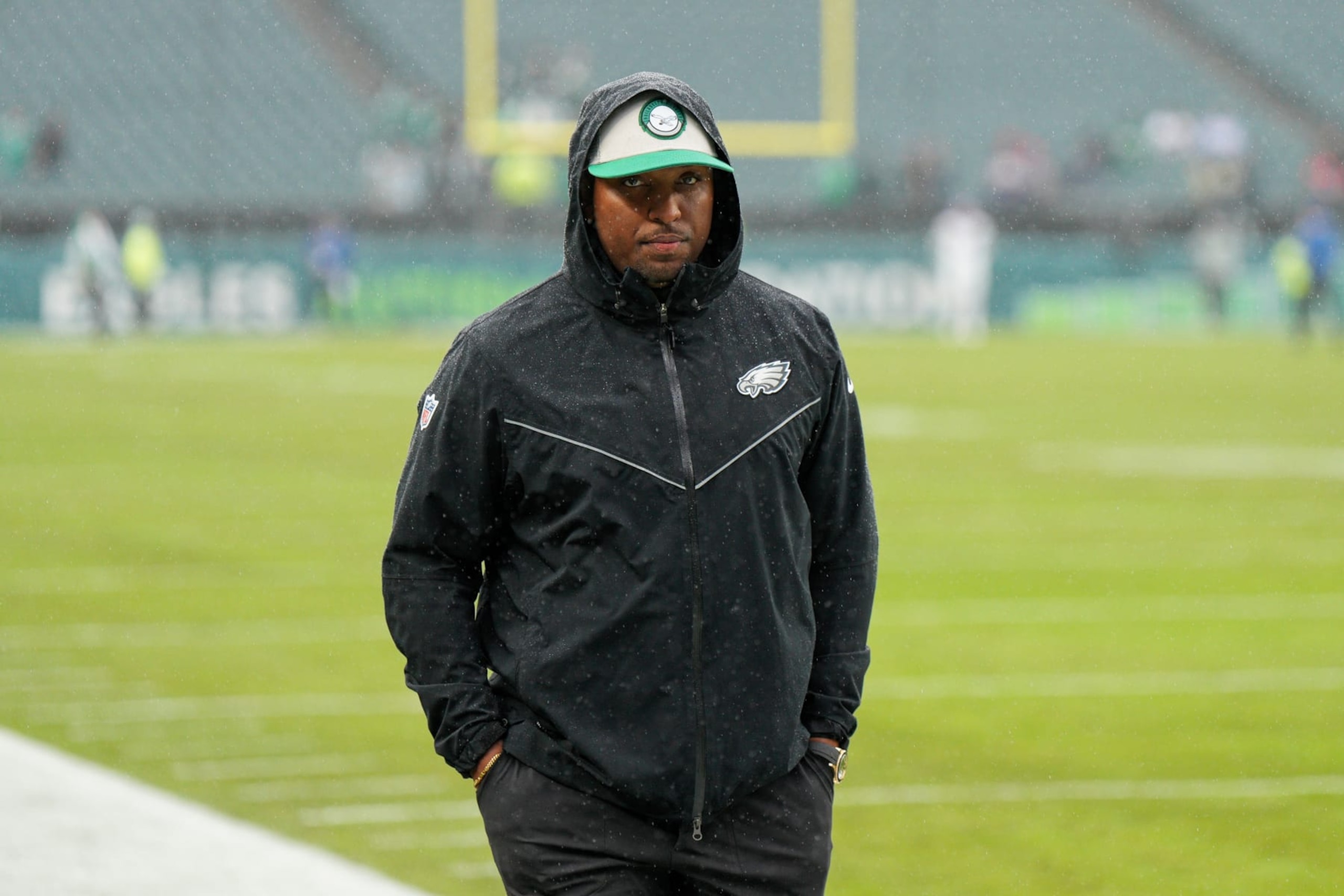 PHILADELPHIA, PA - NOVEMBER 26: Philadelphia Eagles offensive coordinator Brian Johnson looks on during the game between the Buffalo Bills and the Philadelphia Eagles on November 26, 2023 at Lincoln Financial Field.(Photo by Andy Lewis/Icon Sportswire via Getty Images)