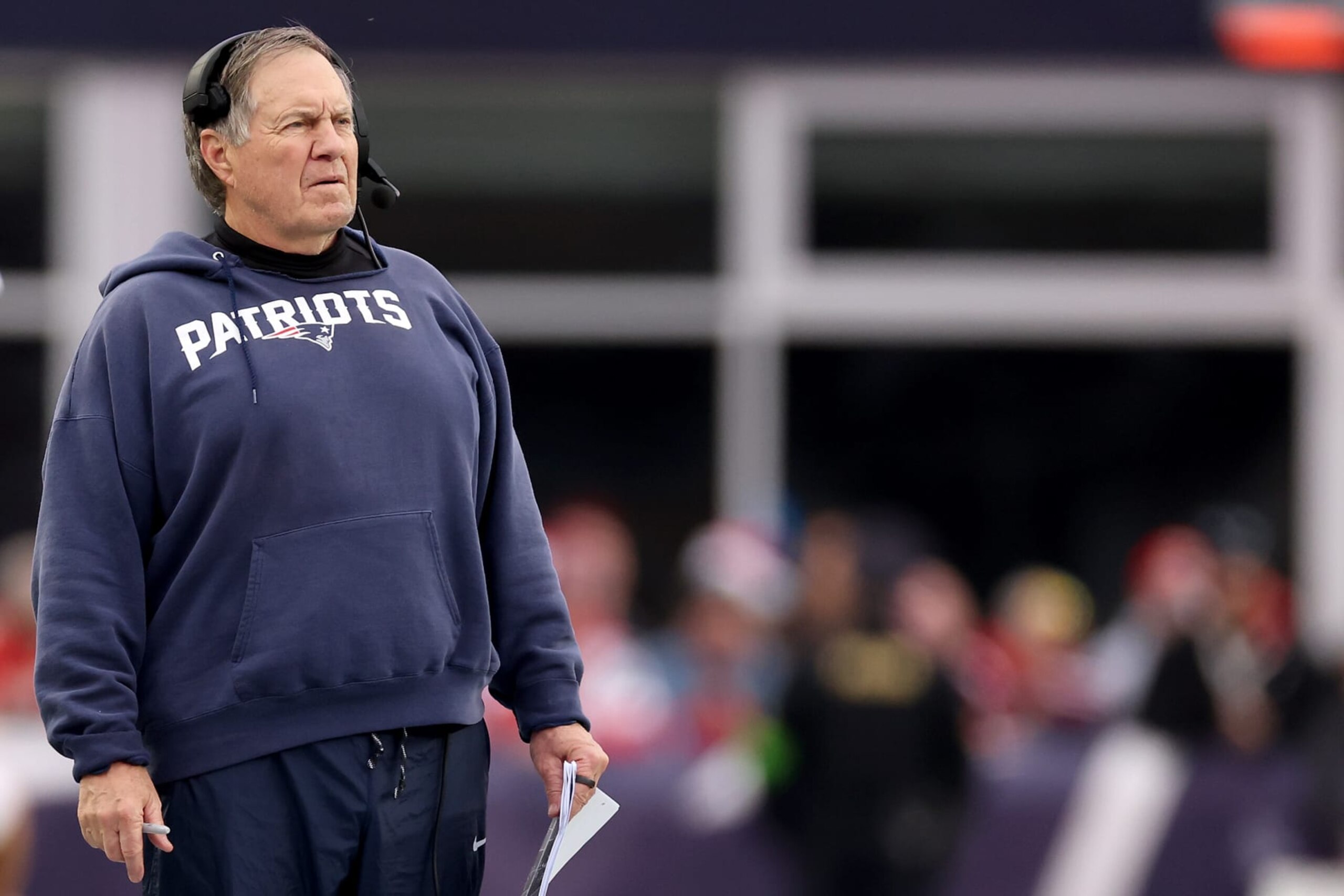 FOXBOROUGH, MASSACHUSETTS - DECEMBER 17: Head coach Bill Belichick of the New England Patriots during the second quarter against the Kansas City Chiefs at Gillette Stadium on December 17, 2023 in Foxborough, Massachusetts. (Photo by Maddie Meyer/Getty Images)