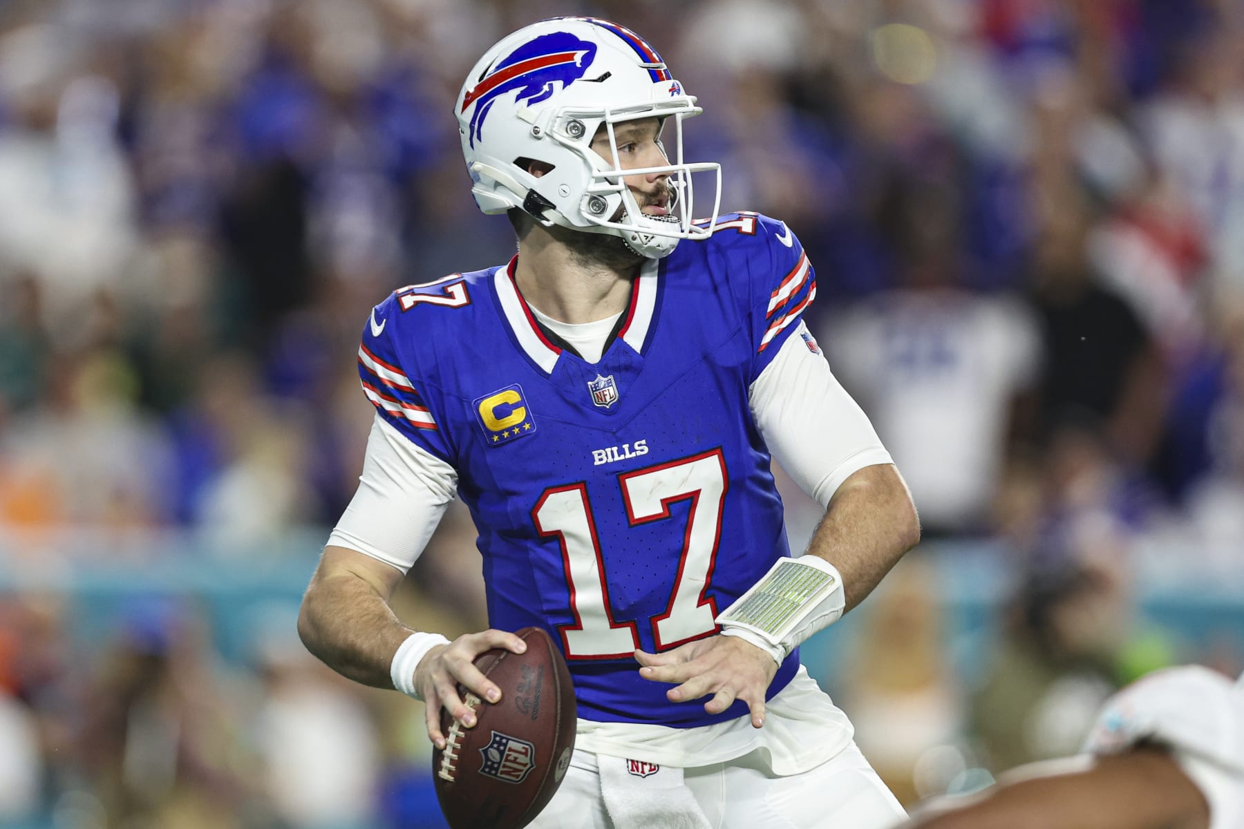 MIAMI GARDENS, FL - JANUARY 07: Josh Allen #17 of the Buffalo Bills drops back to pass during an NFL football game against the Miami Dolphins at Hard Rock Stadium on January 7, 2024 in Miami Gardens, Florida. (Photo by Perry Knotts/Getty Images)