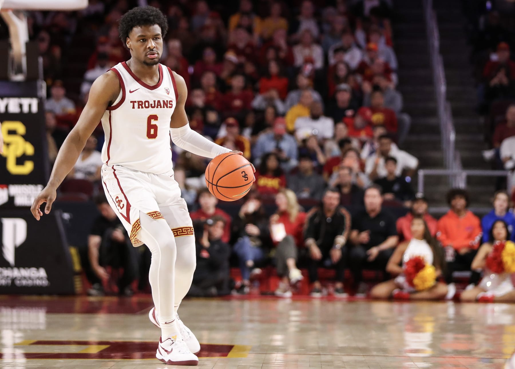 LOS ANGELES, CALIFORNIA - JANUARY 06: Bronny James #6 of the USC Trojans handles the ball in the first half against the Stanford Cardinal at Galen Center on January 06, 2024 in Los Angeles, California. (Photo by Meg Oliphant/Getty Images)