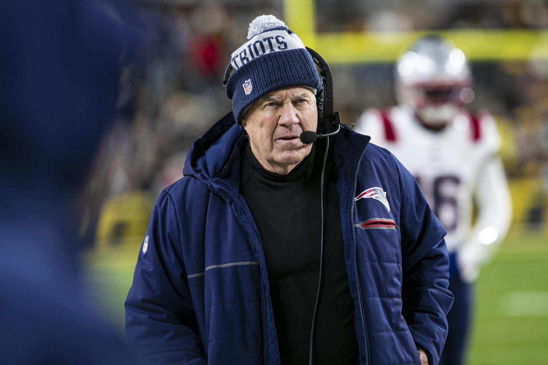 PITTSBURGH, PA - DECEMBER 07: New England Patriots head coach Bill Belichick looks on during the regular season NFL football game between the New England Patriots and Pittsburgh Steelers on December 07, 2023 at Acrisure Stadium in Pittsburgh, PA. (Photo by Mark Alberti/Icon Sportswire via Getty Images)