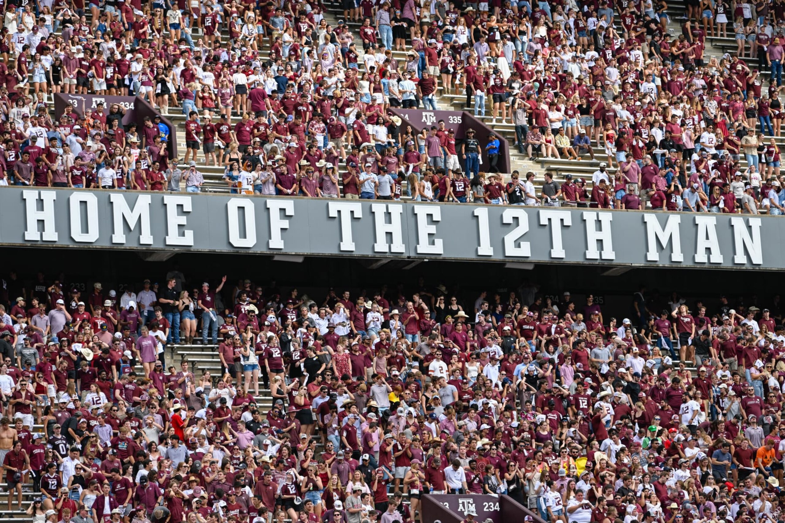 COLLEGE STATION, TX - OCTOBER 28: The 12th Man signage splits the crowd in two during the football game between the South Carolina Gamecocks and Texas A&M Aggies at Kyle Field on October 28, 2023, in College Station, Texas. (Photo by Ken Murray/Icon Sportswire via Getty Images)